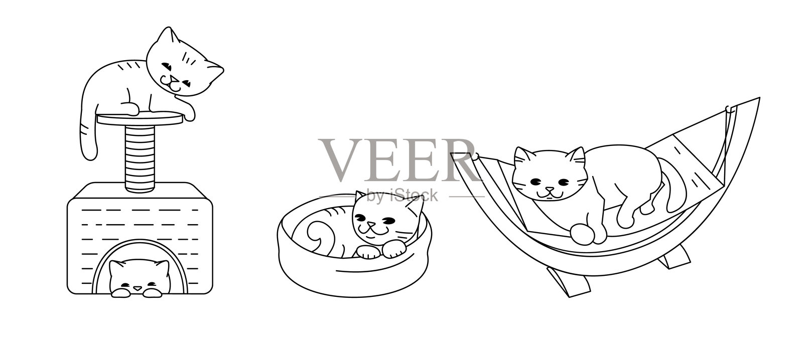 一套矢量大纲插图。床上的猫。插画图片素材