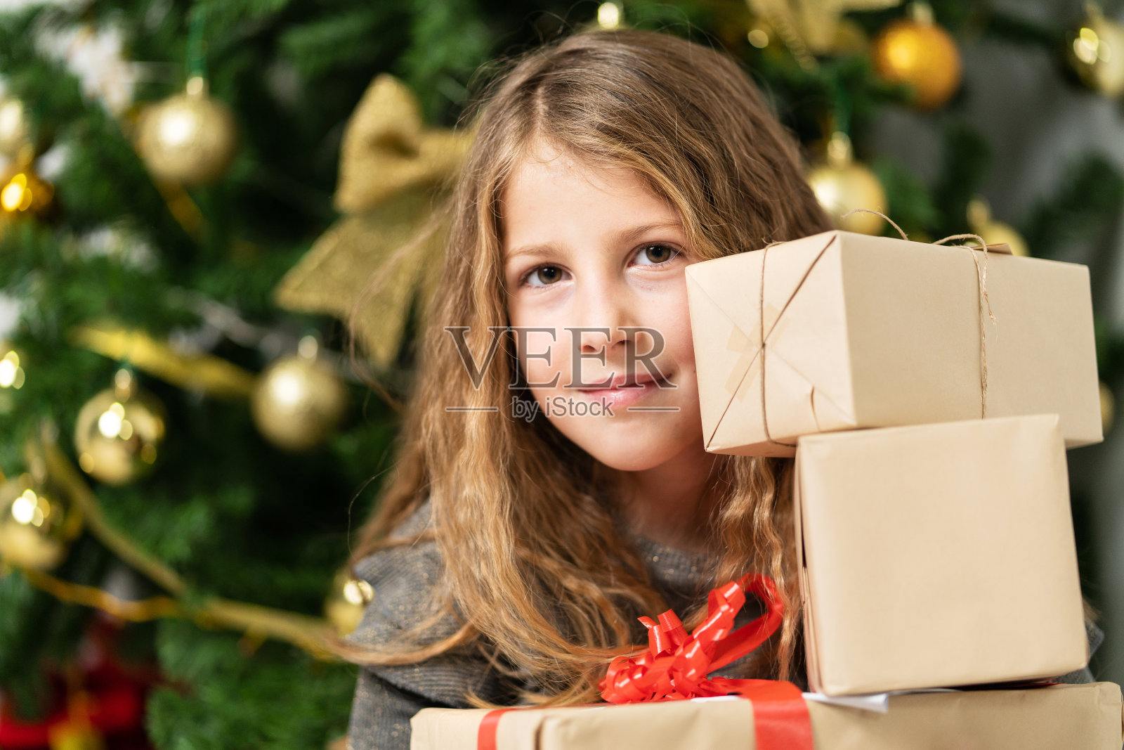 正面拍摄的八岁小白种女孩坐在家里的圣诞树前，用包裹好的礼物盒看着镜头，满心欢喜照片摄影图片
