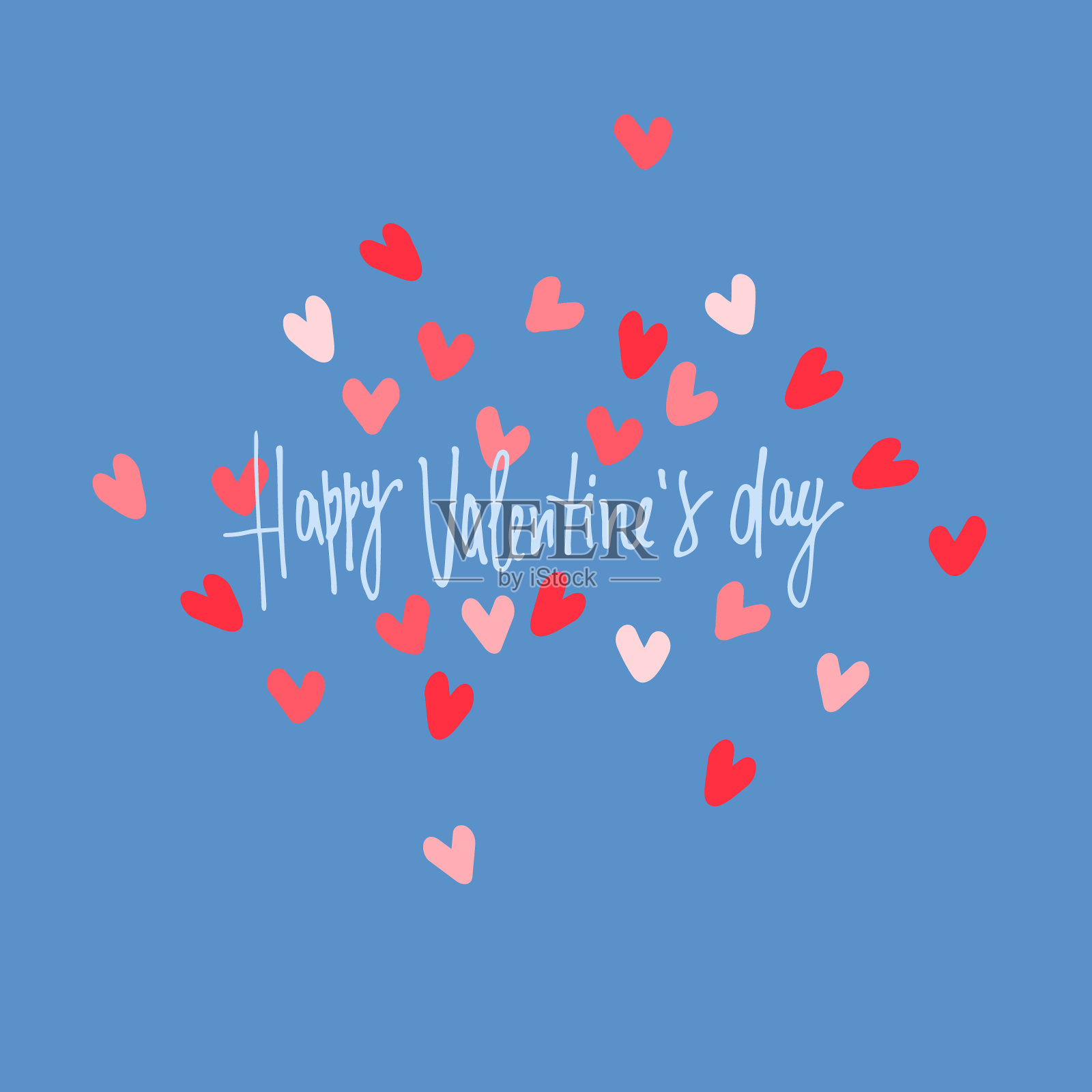 情人节贺卡。在蓝色背景上手写的短语和五颜六色的心形插画图片素材