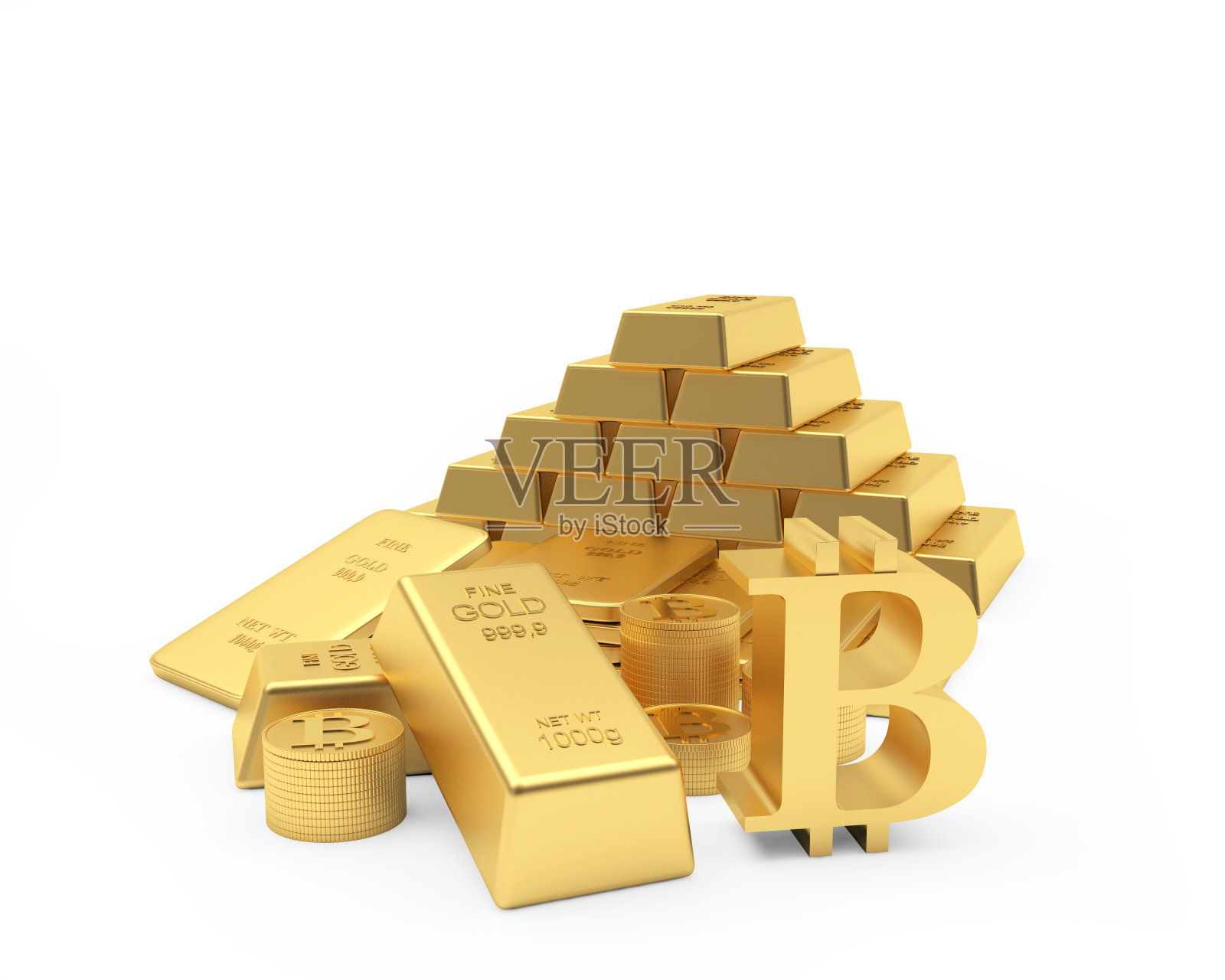 带有硬币和比特币标志的金条照片摄影图片