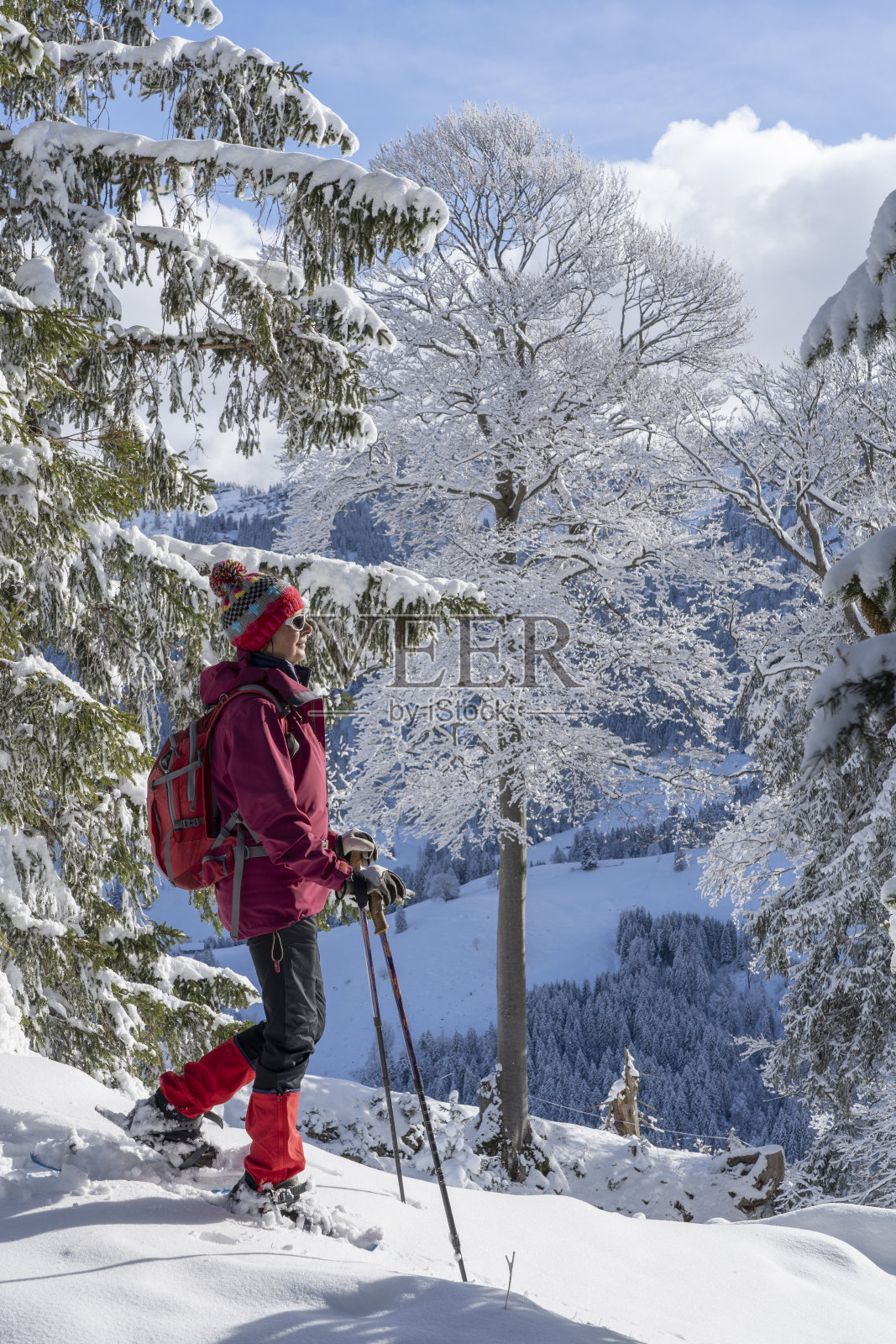在巴伐利亚阿尔卑斯山穿雪鞋的老年妇女照片摄影图片