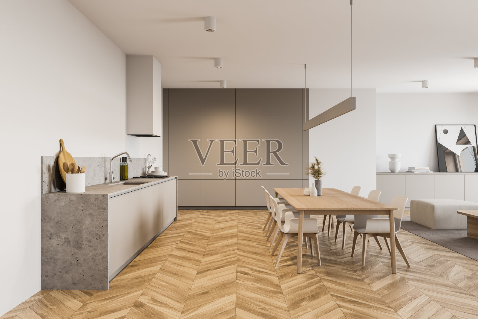 白色厨房内部配有餐桌照片摄影图片