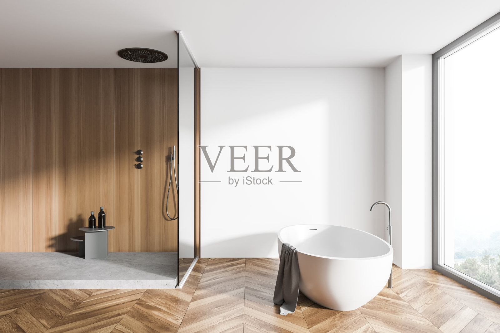 白色和木制浴室内部，浴缸和淋浴，侧视图照片摄影图片