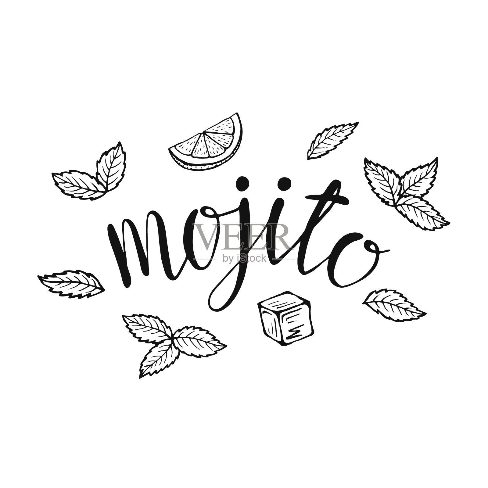刻字莫吉托经典鸡尾酒手绘矢量插图。加冰块，一片酸橙和薄荷叶，用来做鸡尾酒卡。自制的莫吉托字母，孤立的矢量插图插画图片素材
