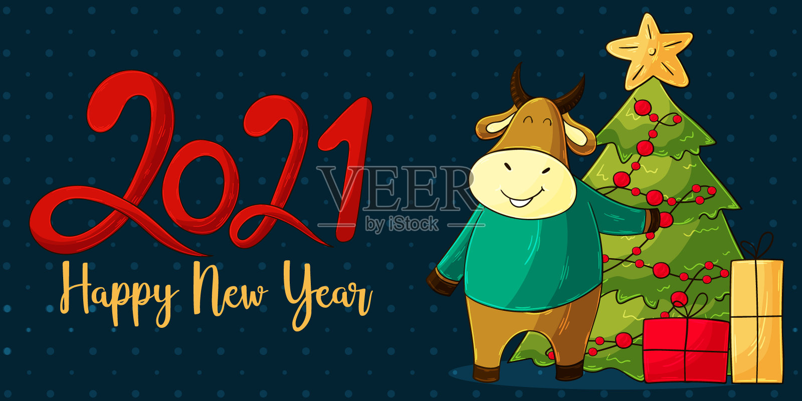 2021新年快乐儿童插画。中国新年牛年2021年插画图片素材