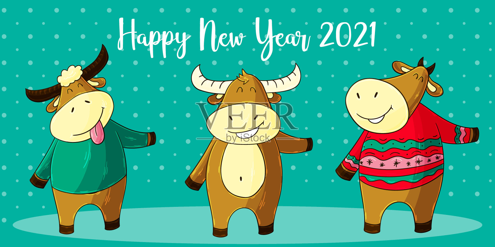 2021新年快乐儿童插画。中国新年牛年2021年插画图片素材