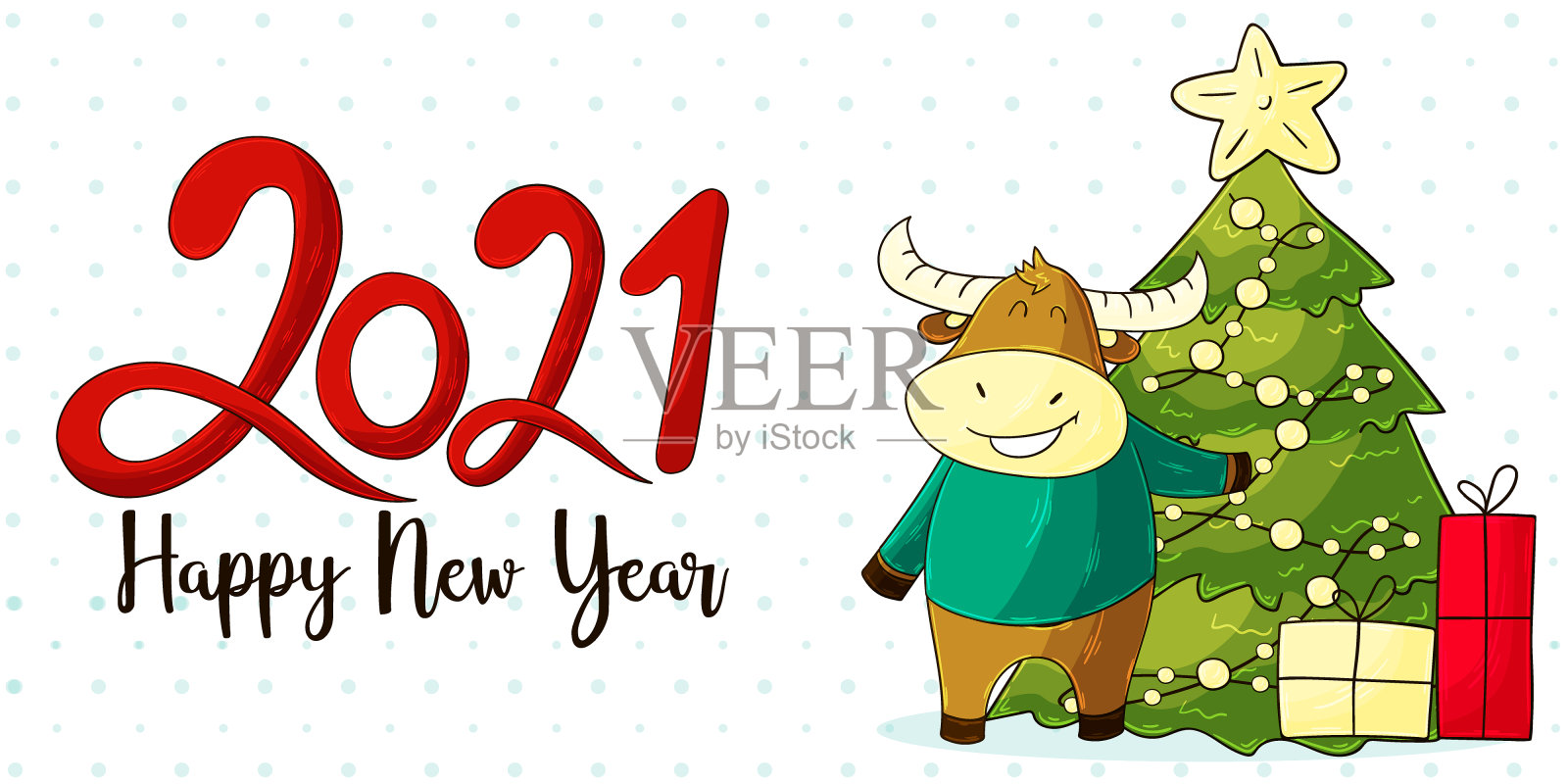 2021新年快乐儿童插画。中国新年牛年2021年插画图片素材