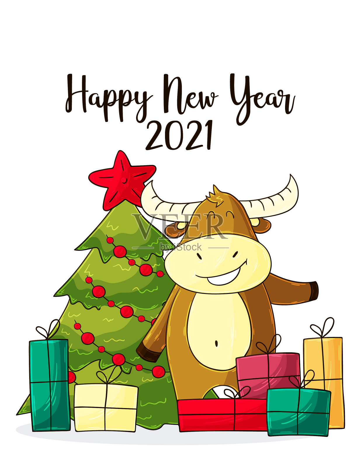 2021年新年快乐儿童插图。中国新年2021年是牛年插画图片素材