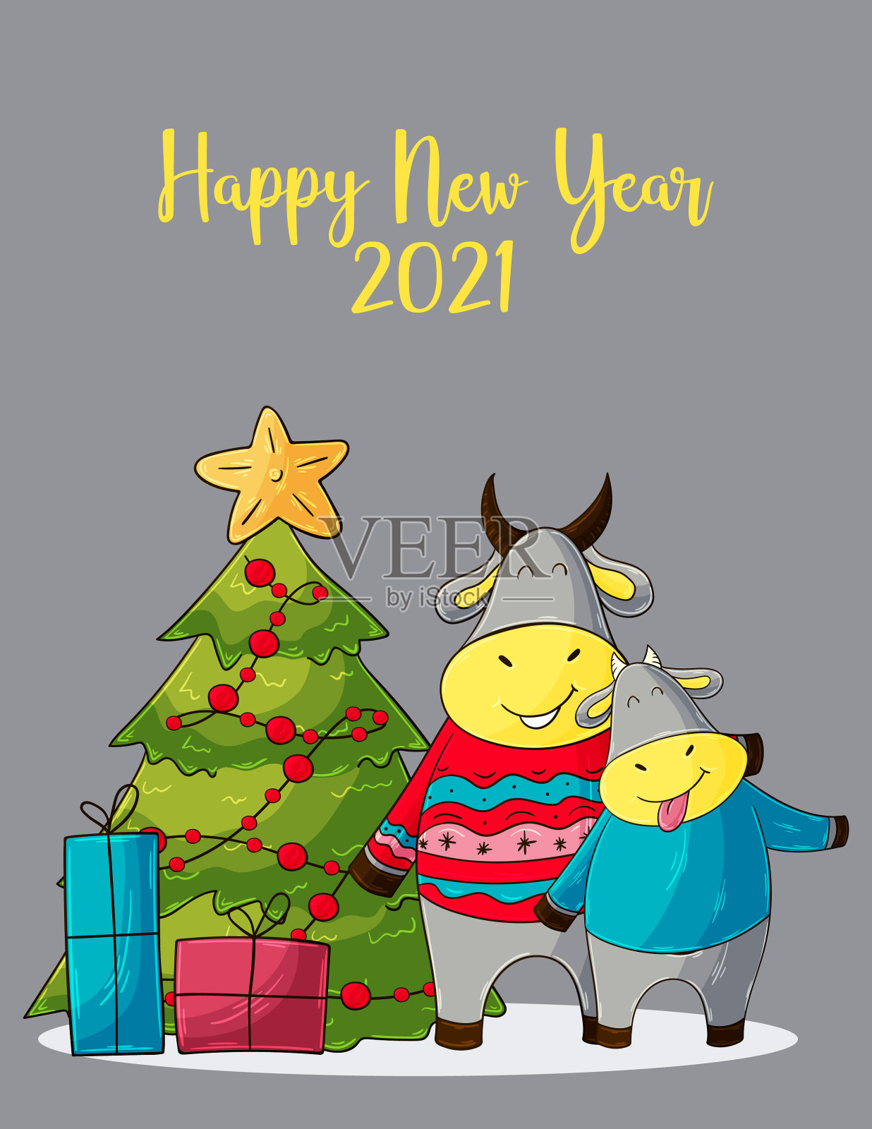 2021新年快乐儿童插画。中国新年牛年2021年插画图片素材