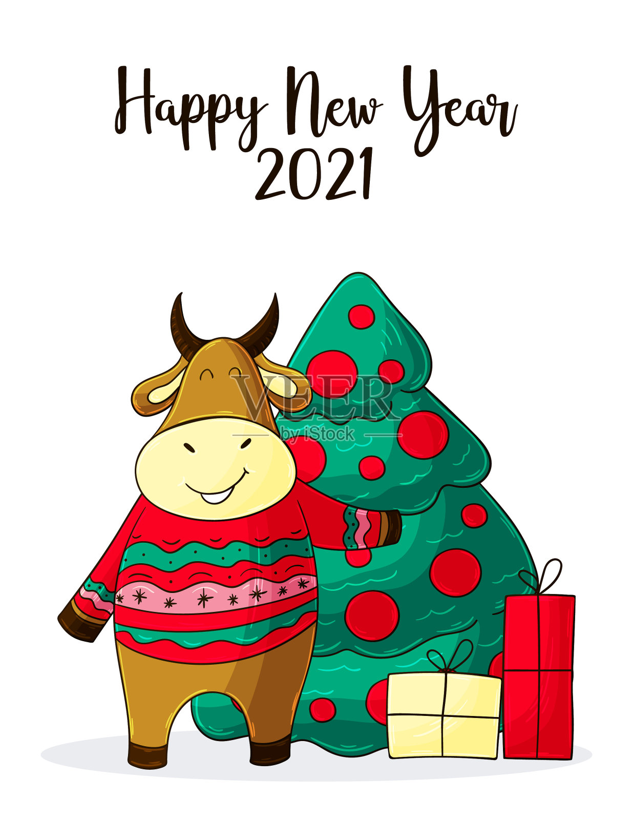 2021新年快乐儿童插画。中国新年牛年2021年设计模板素材