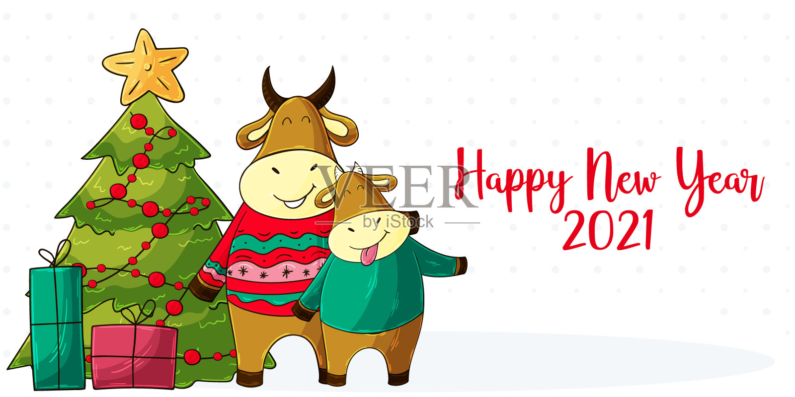 2021年新年快乐儿童插图。中国新年2021年是牛年设计模板素材