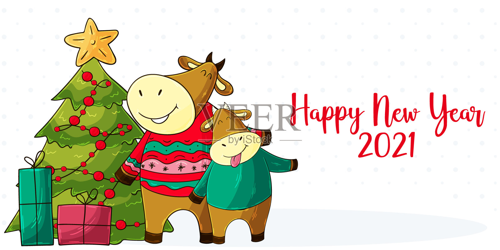 2021新年快乐儿童插画。中国新年牛年2021年设计模板素材