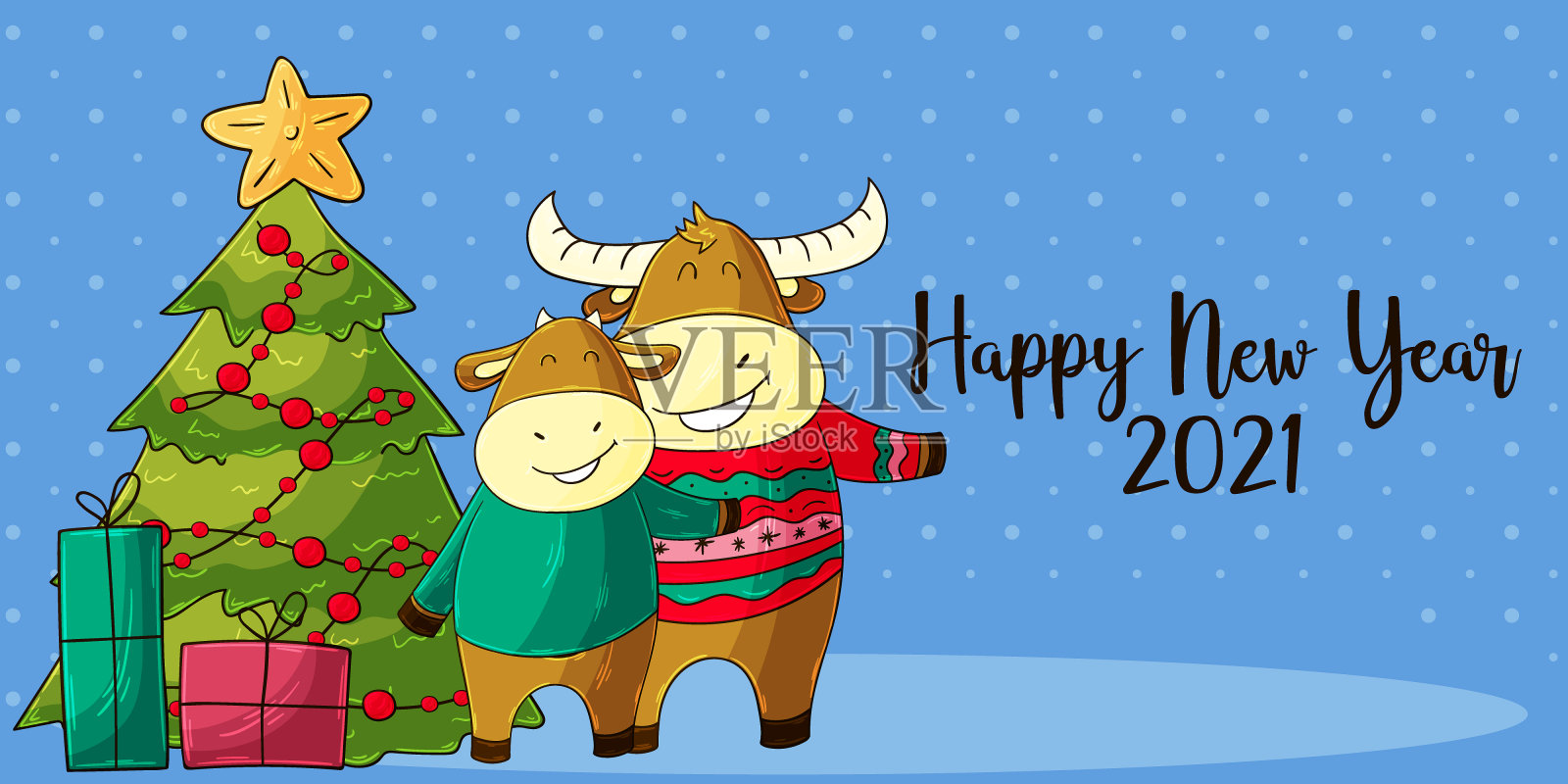 2021新年快乐儿童插画。中国新年牛年2021年插画图片素材