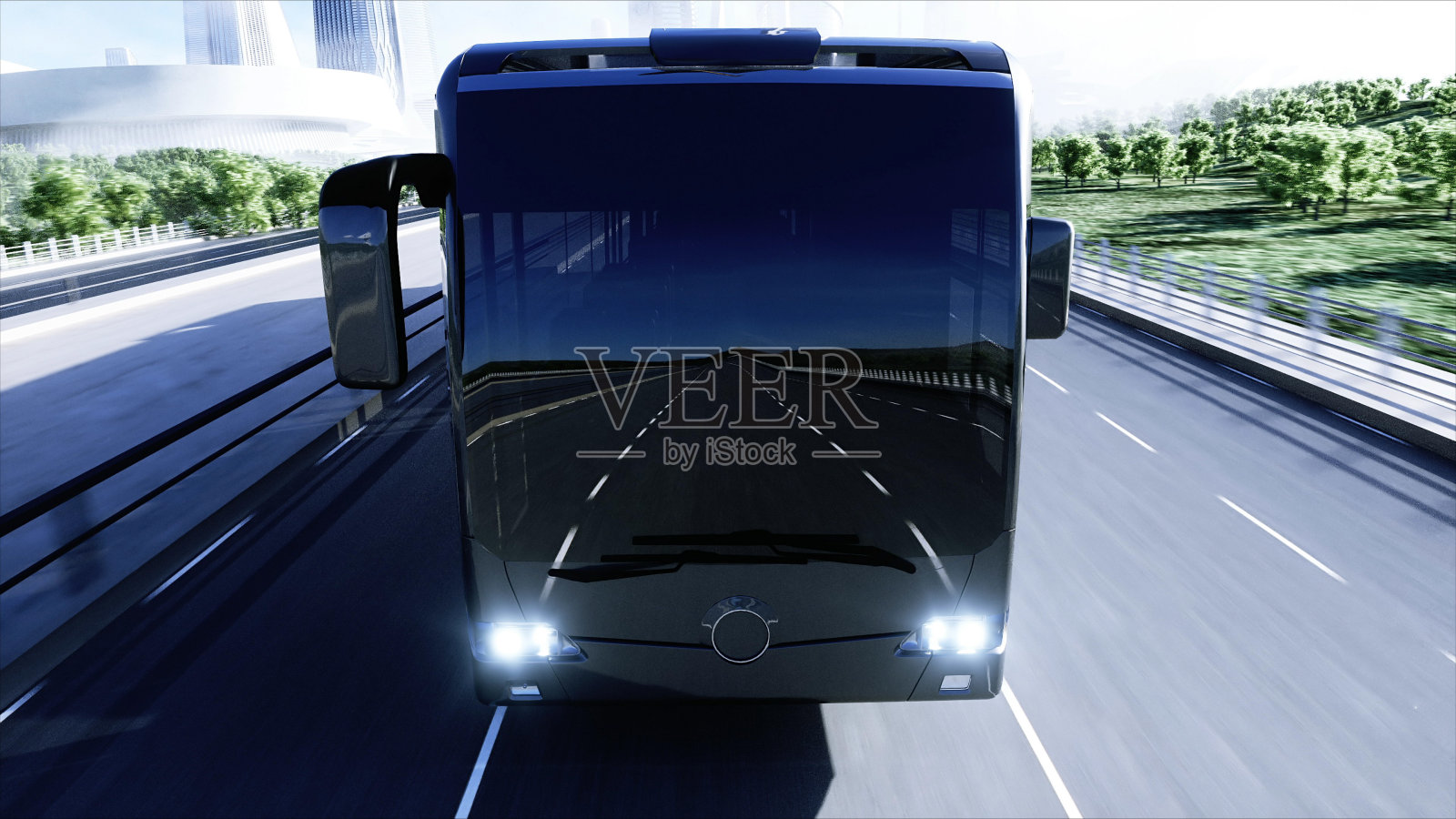 高速公路上快速行驶的客车三维模型。未来的城市背景。3 d渲染。照片摄影图片