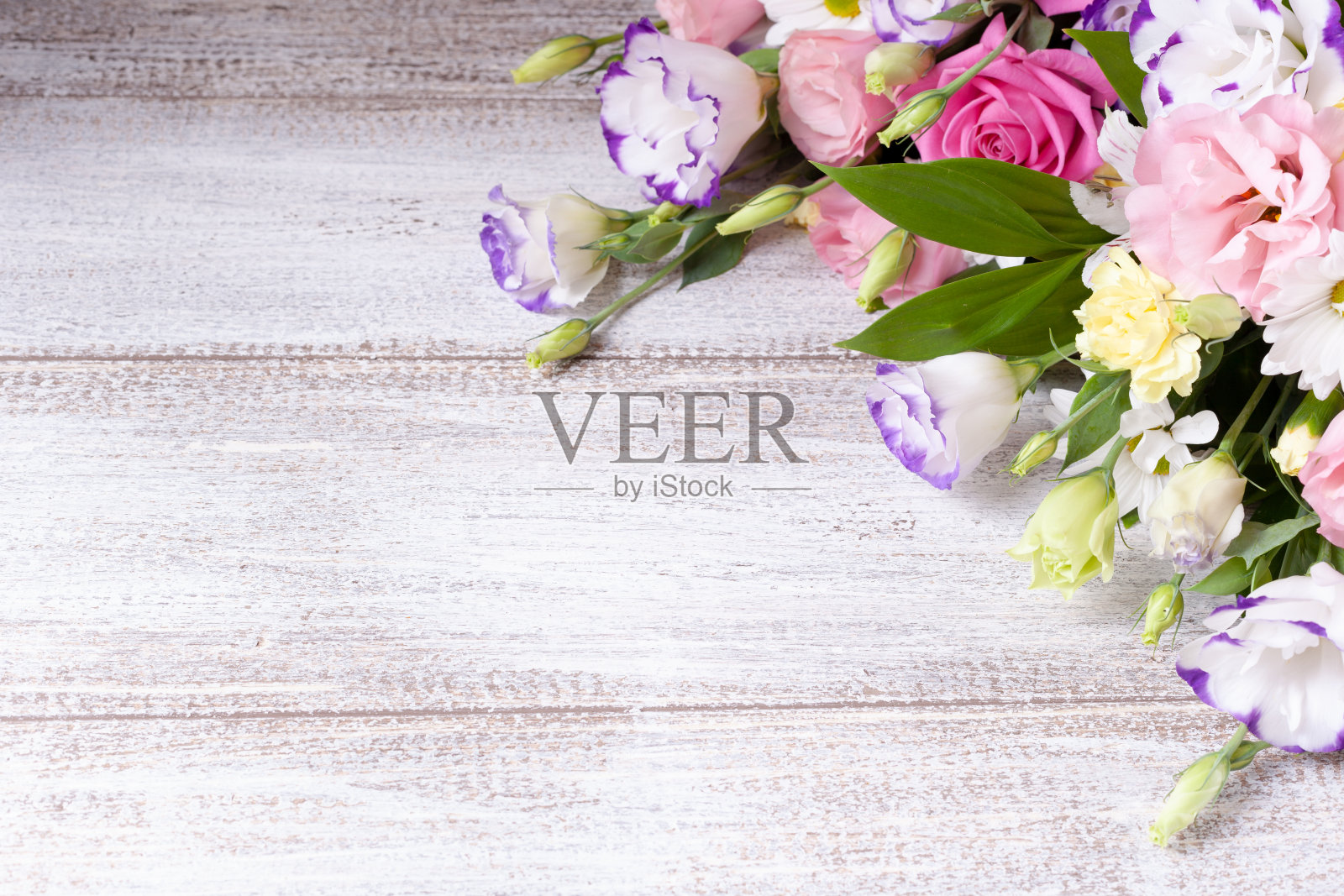 贺卡上摆放着玫瑰花、雏菊、洋桔梗、菊花、未开苞的花蕾，放在一张轻木板桌上照片摄影图片