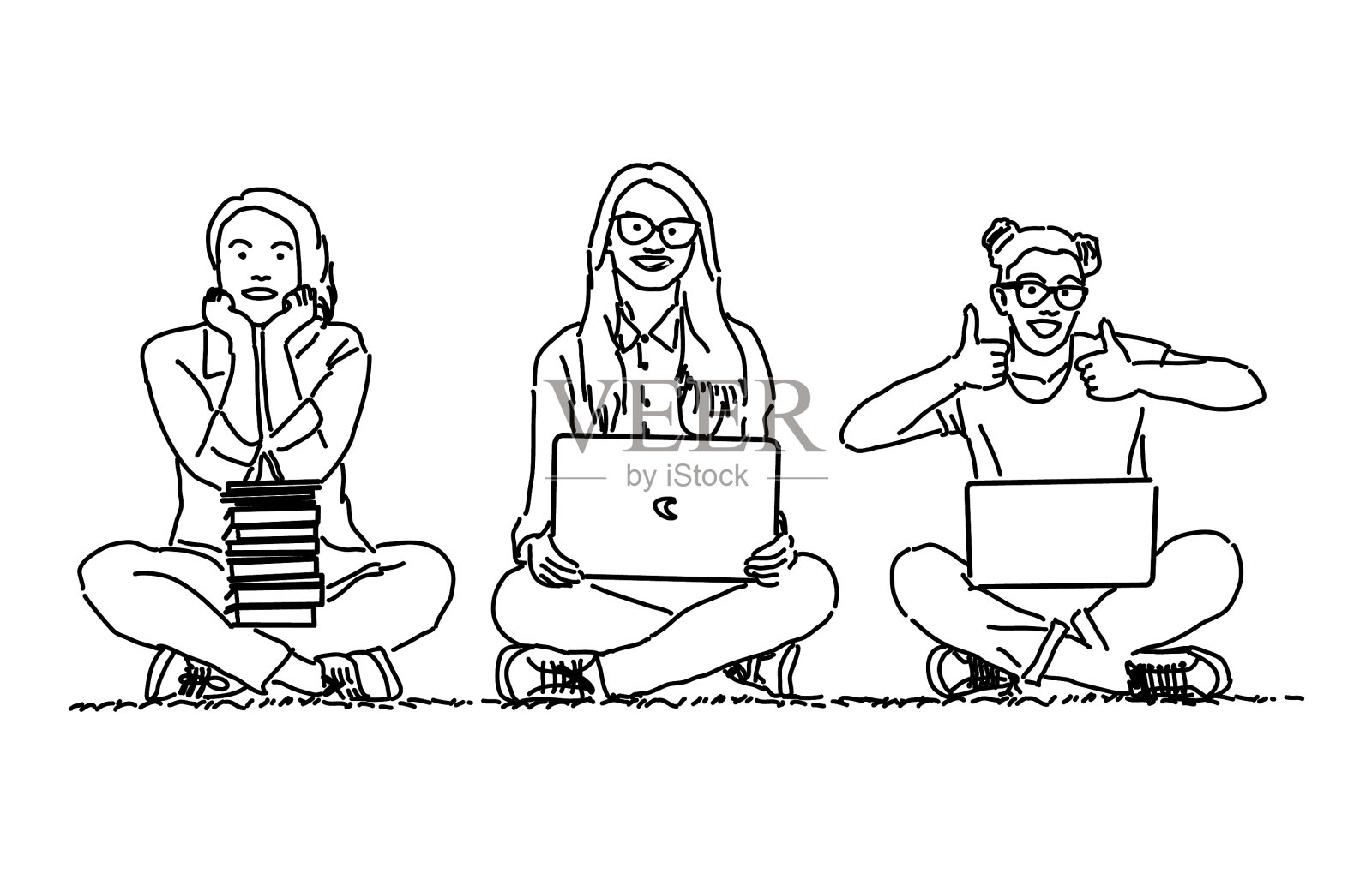 女性和笔记本电脑单线风格设计元素图片