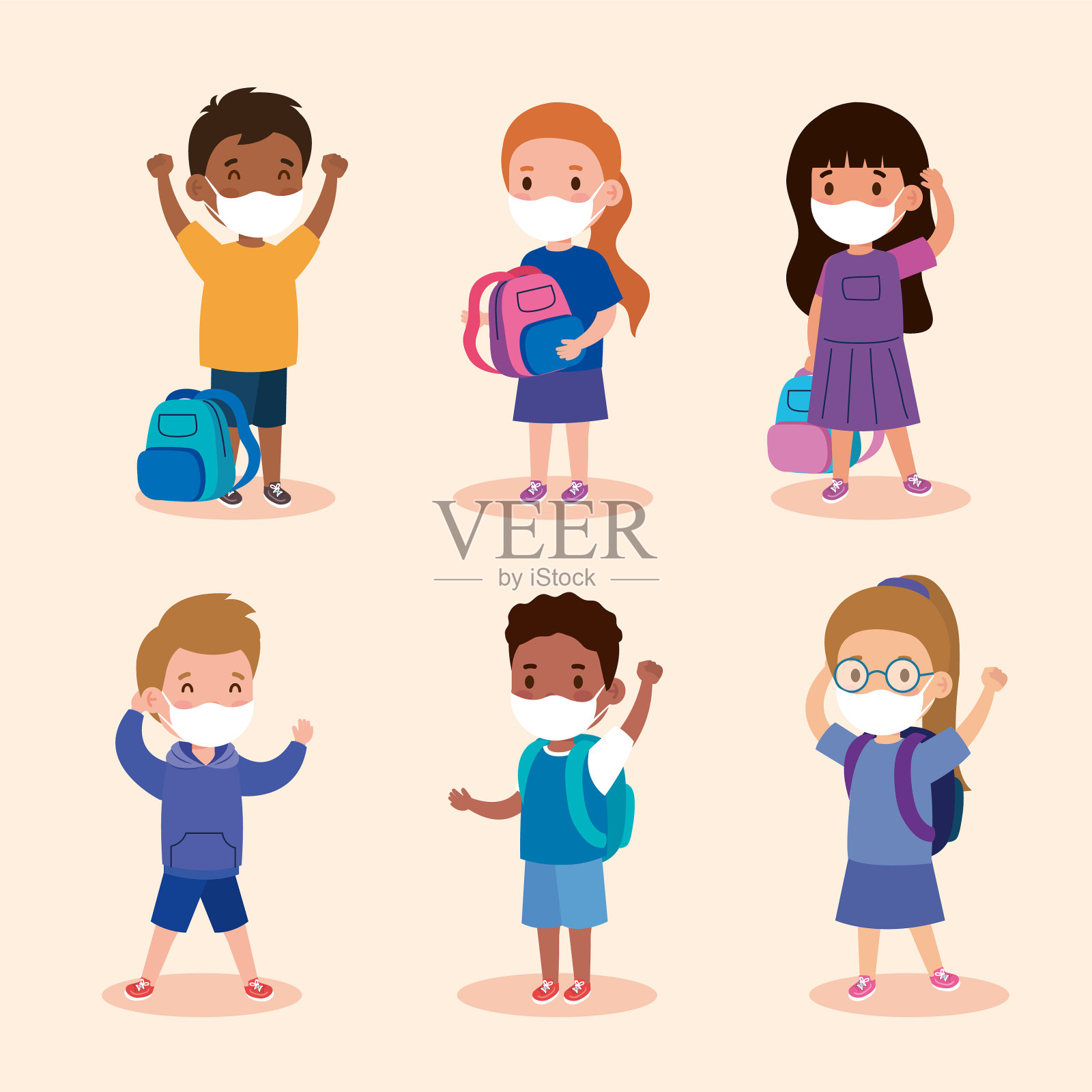可爱的孩子们戴着医用口罩来上学插画图片素材