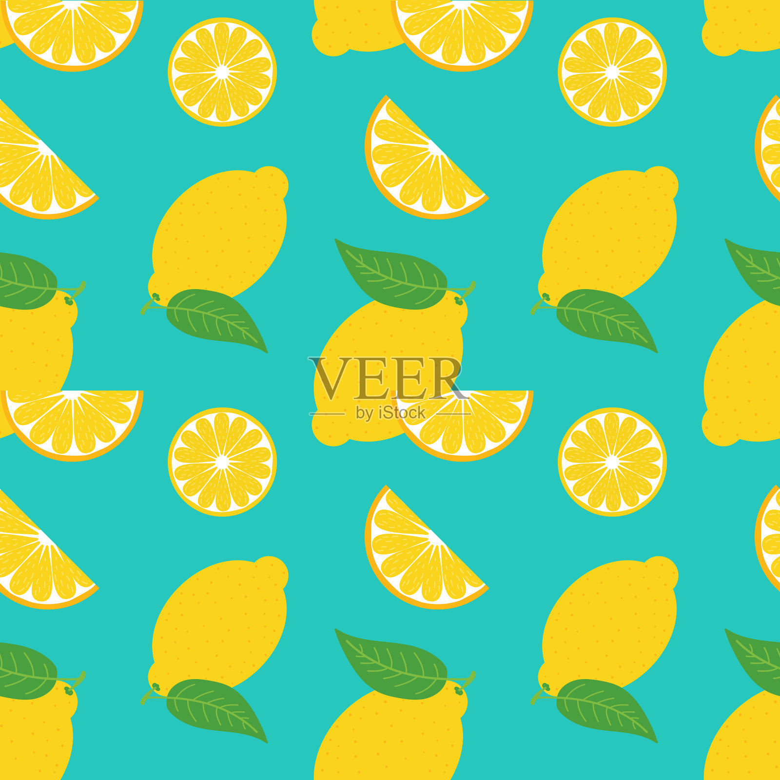 夏天柠檬和树叶无缝图案插画图片素材