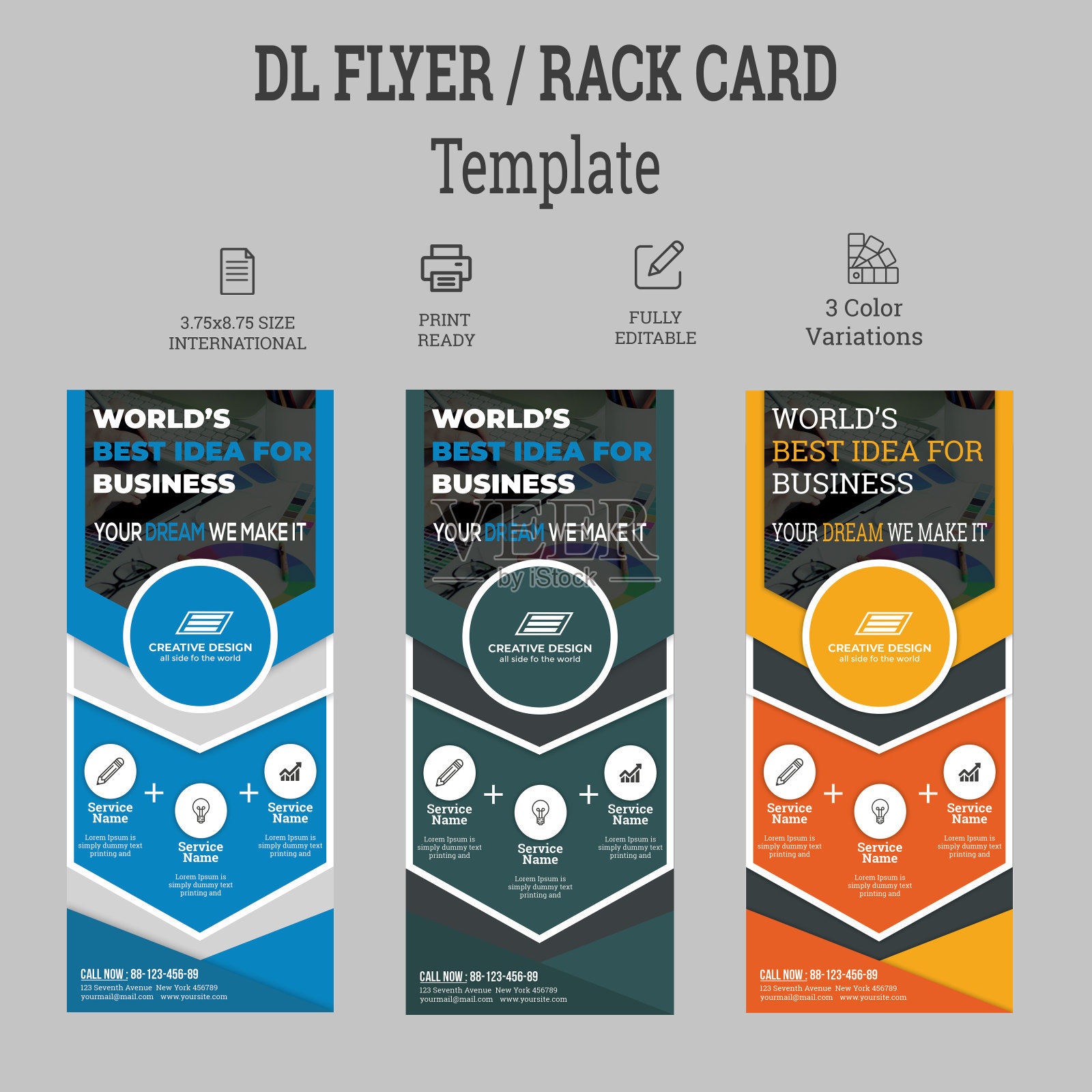 DL传单模板|创意现代企业DL传单设计3色插画图片素材