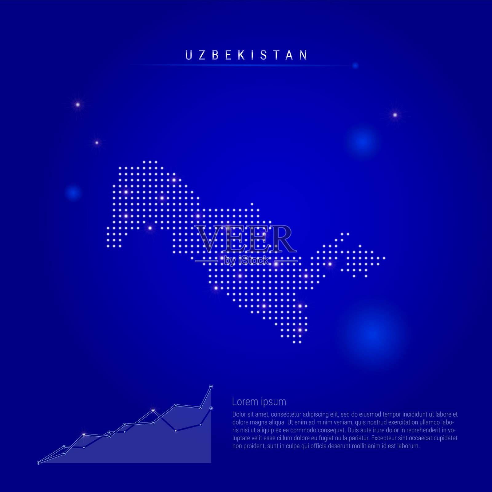 乌兹别克斯坦照明地图与发光点黑暗插画图片素材