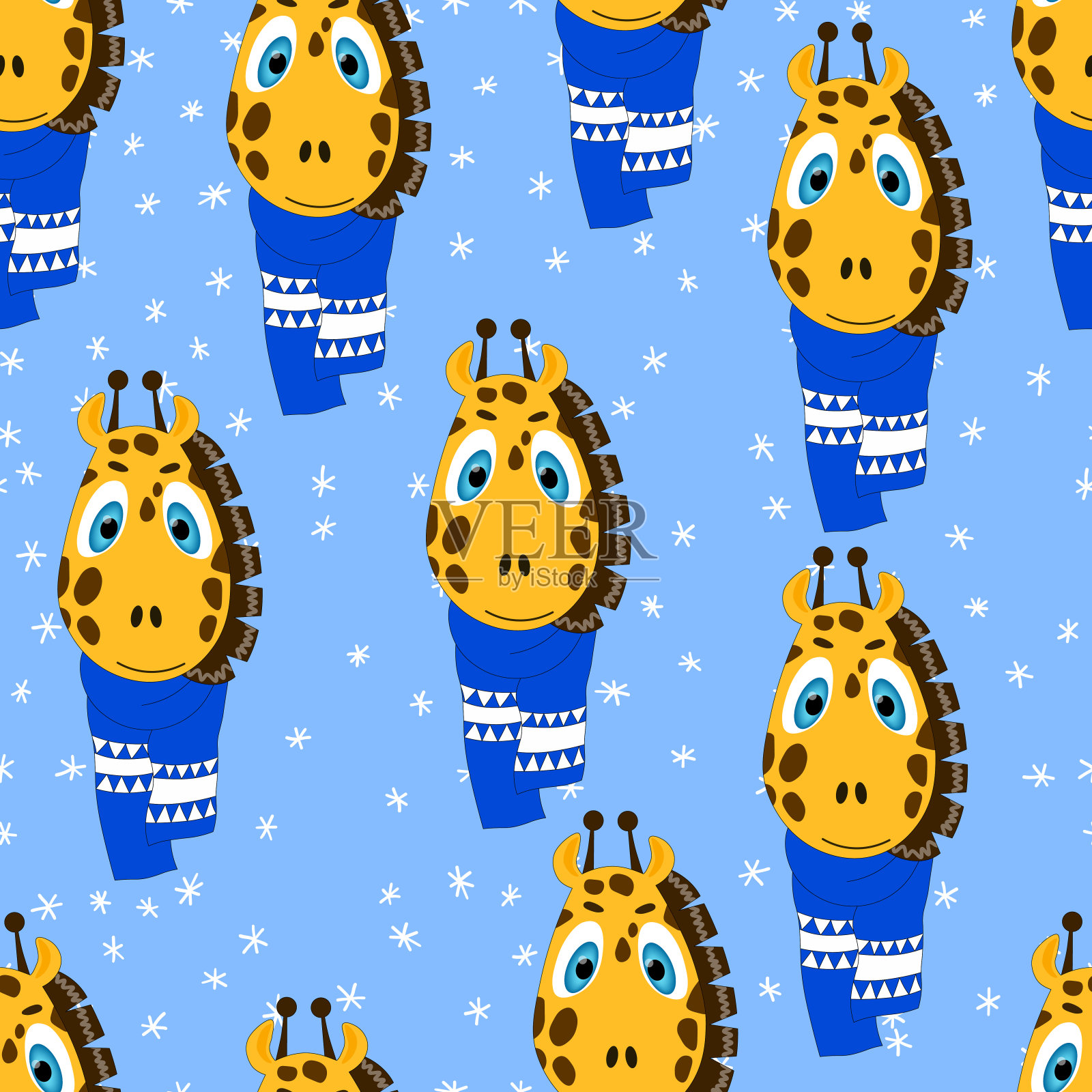 彩色背景上可爱动物头像的无缝图案：戴冬季围巾的长颈鹿，圣诞新年矢量图，适用于纺织壁纸和礼品包装纸插画图片素材