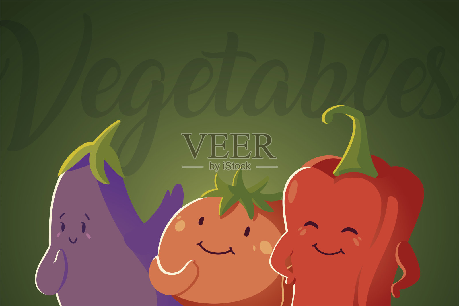 蔬菜卡哇伊可爱的辣椒西红柿和茄子卡通风格插画图片素材