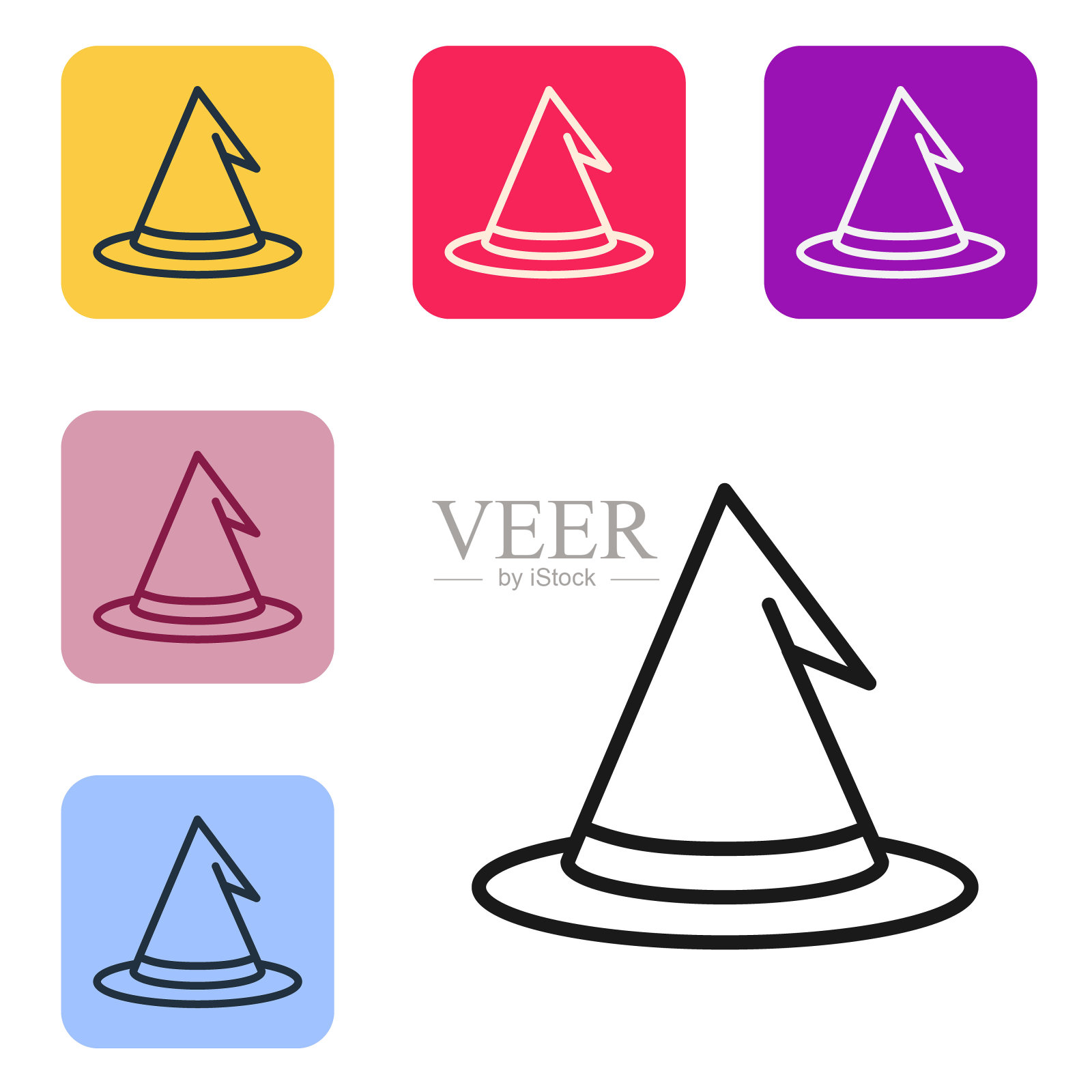 黑线女巫帽子图标孤立在白色背景。快乐的万圣节派对。在彩色方形按钮中设置图标。向量图标素材