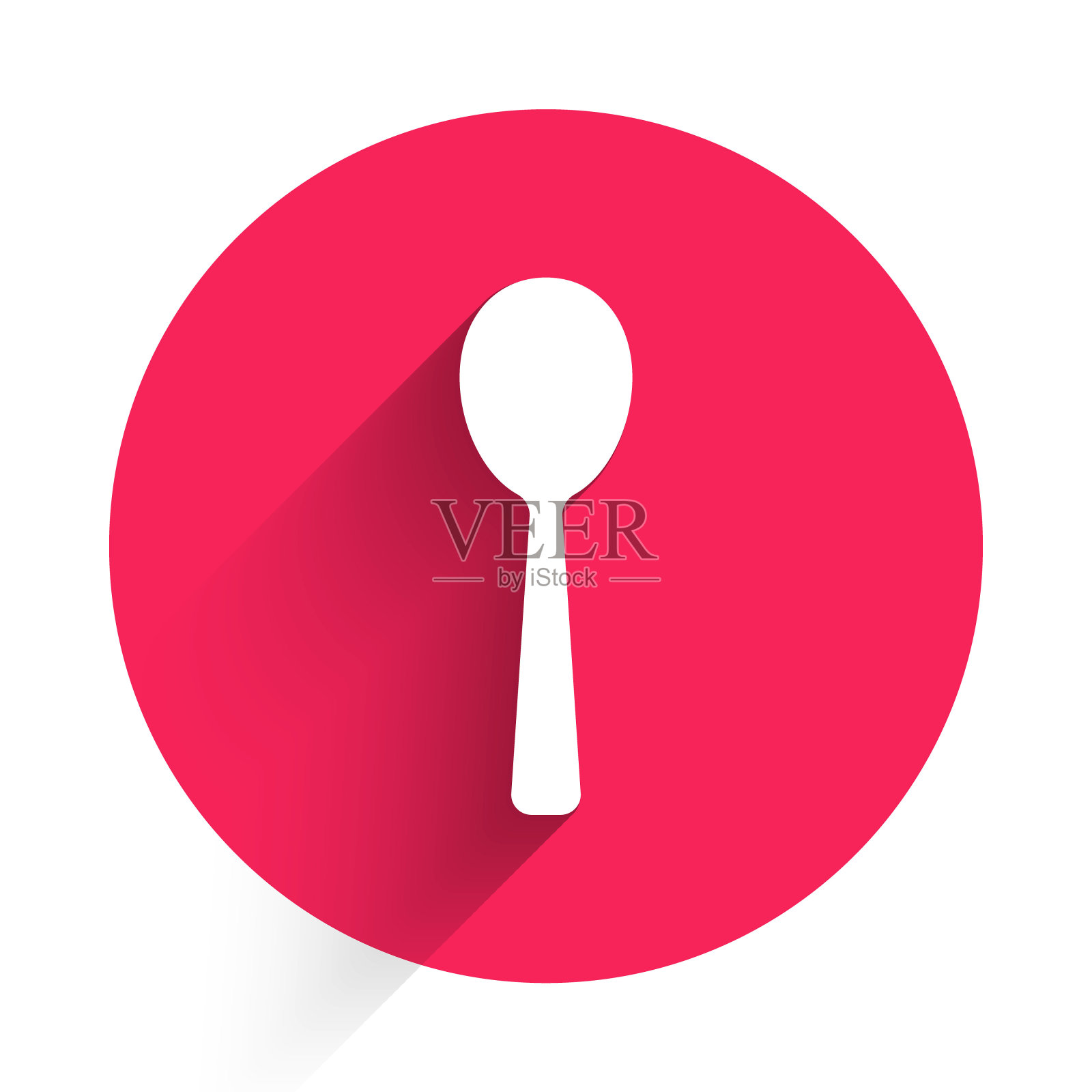 白色勺子图标孤立与长影子。烹饪用具。餐具的迹象。红色圆圈按钮。向量设计元素图片