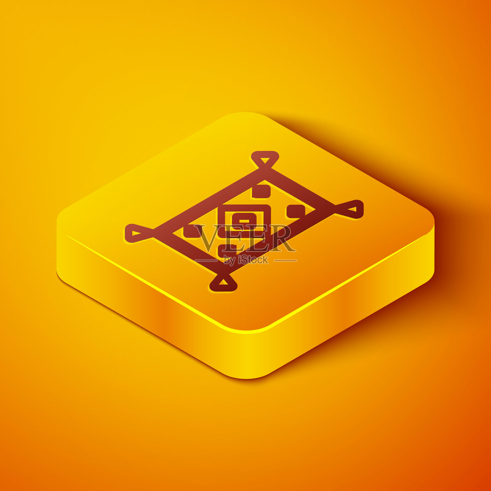 等距线魔术地毯图标孤立在橙色的背景。黄色正方形按钮。向量插画图片素材