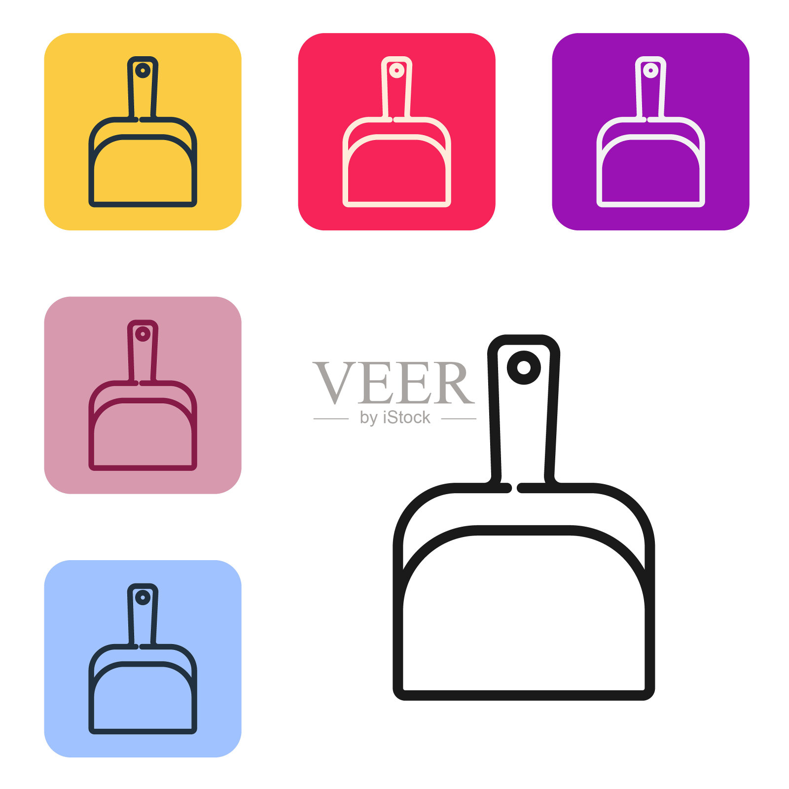 黑线簸箕图标隔离在白色背景上。清洁独家新闻服务。在彩色方形按钮中设置图标。向量图标素材