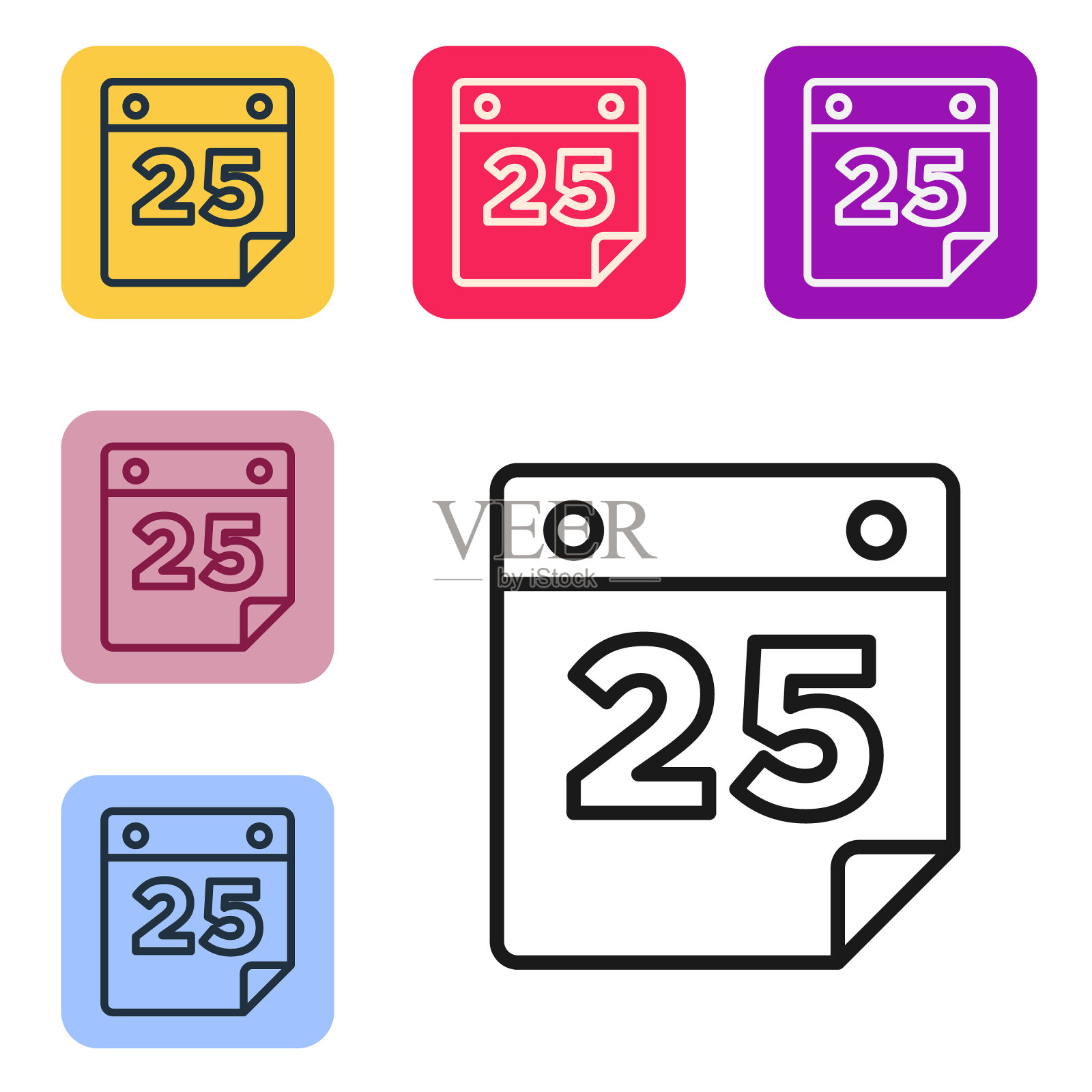 黑线日历图标孤立在白色背景上。事件提醒标志。圣诞快乐，恭贺新禧。设置图标的颜色方形按钮。向量图标素材