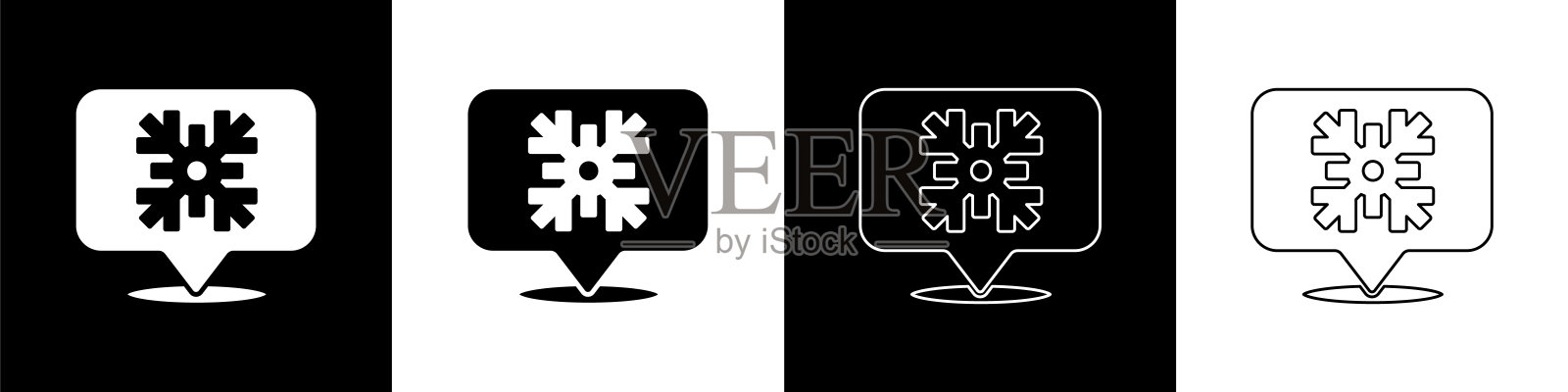 设置雪花与语音气泡图标孤立在黑色和白色的背景。圣诞快乐，恭贺新禧。向量图标素材