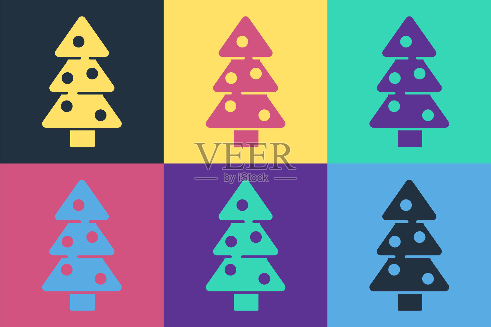 波普艺术圣诞树与装饰图标孤立的颜色背景。圣诞快乐，恭贺新禧。向量图标素材