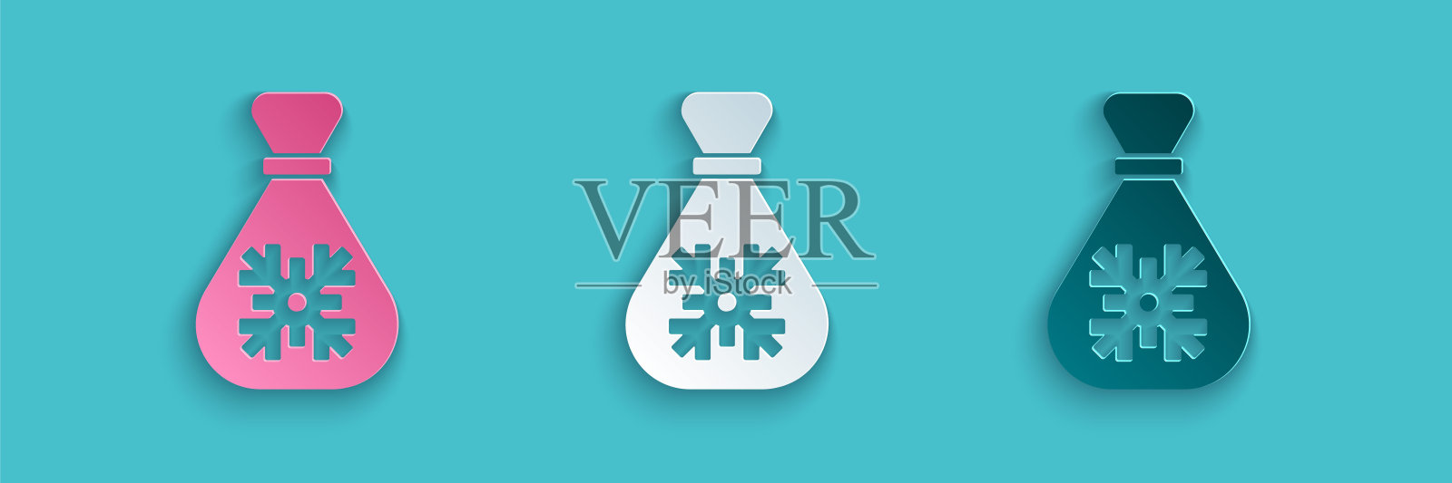 剪纸风格圣诞老人礼品袋图标，蓝色背景。圣诞礼物袋。矢量图插画图片素材