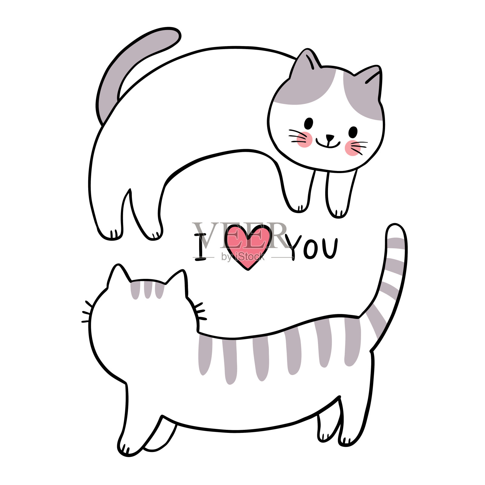 手绘可爱的卡通情人节，情侣猫和心向量。插画图片素材