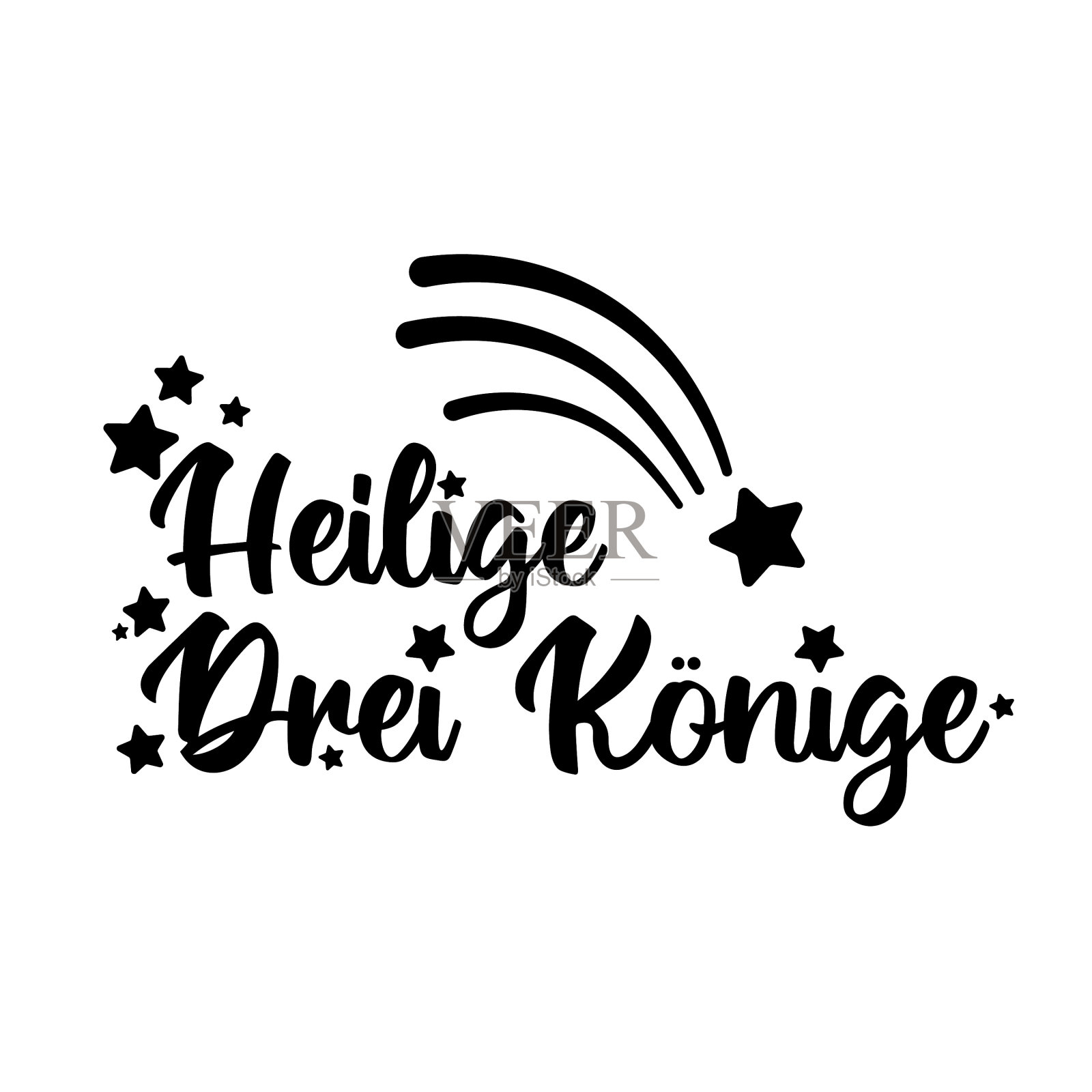 意大利语翻译:主显节快乐。用星星和彗星符号装饰的墨水字母。节日可爱的书法孤立上白。主显日，Befana日贺卡向量插画图片素材