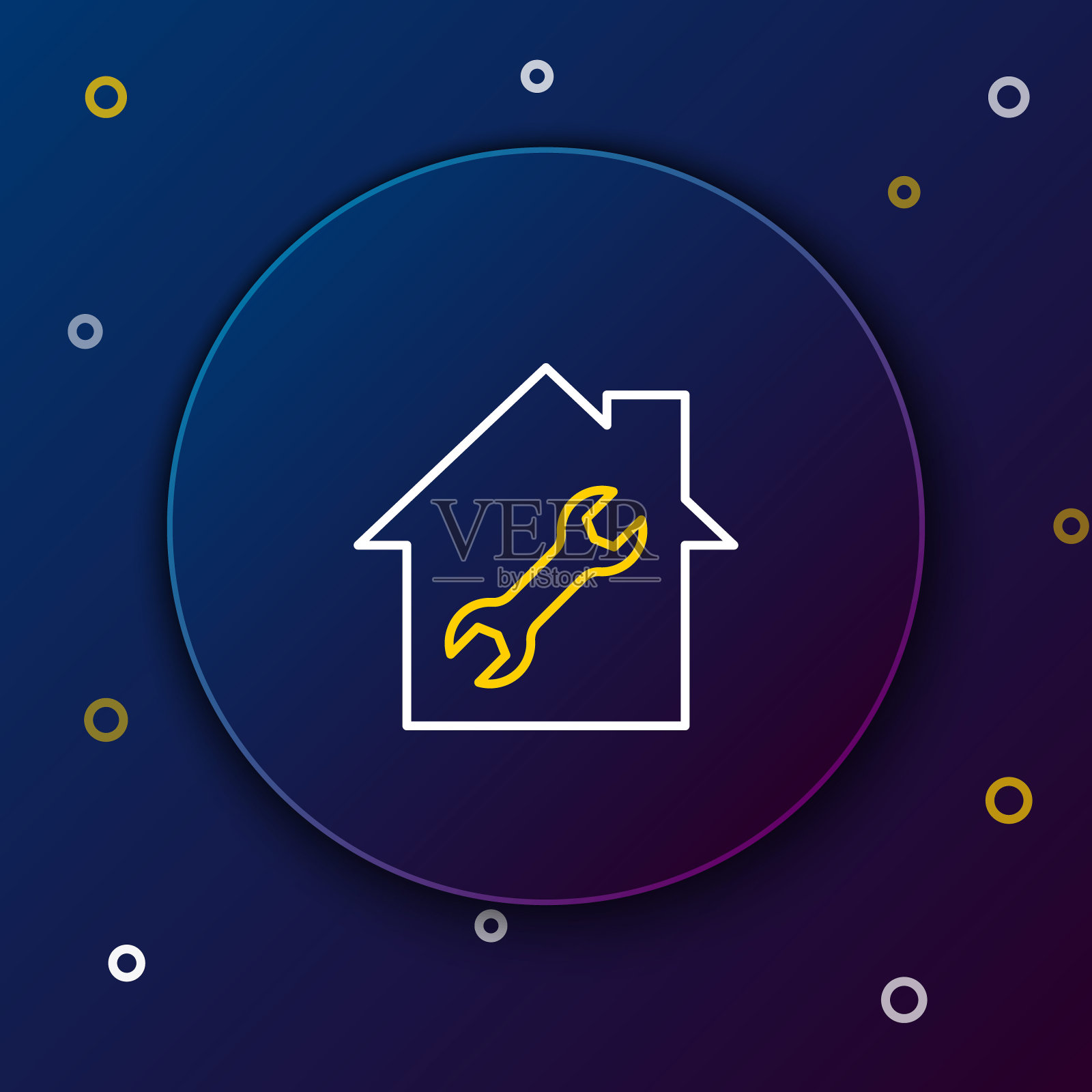 Line House或家与扳手图标隔离在蓝色背景。调整、维修、设置、维护、修理、固定。色彩斑斓的轮廓的概念。向量插画图片素材