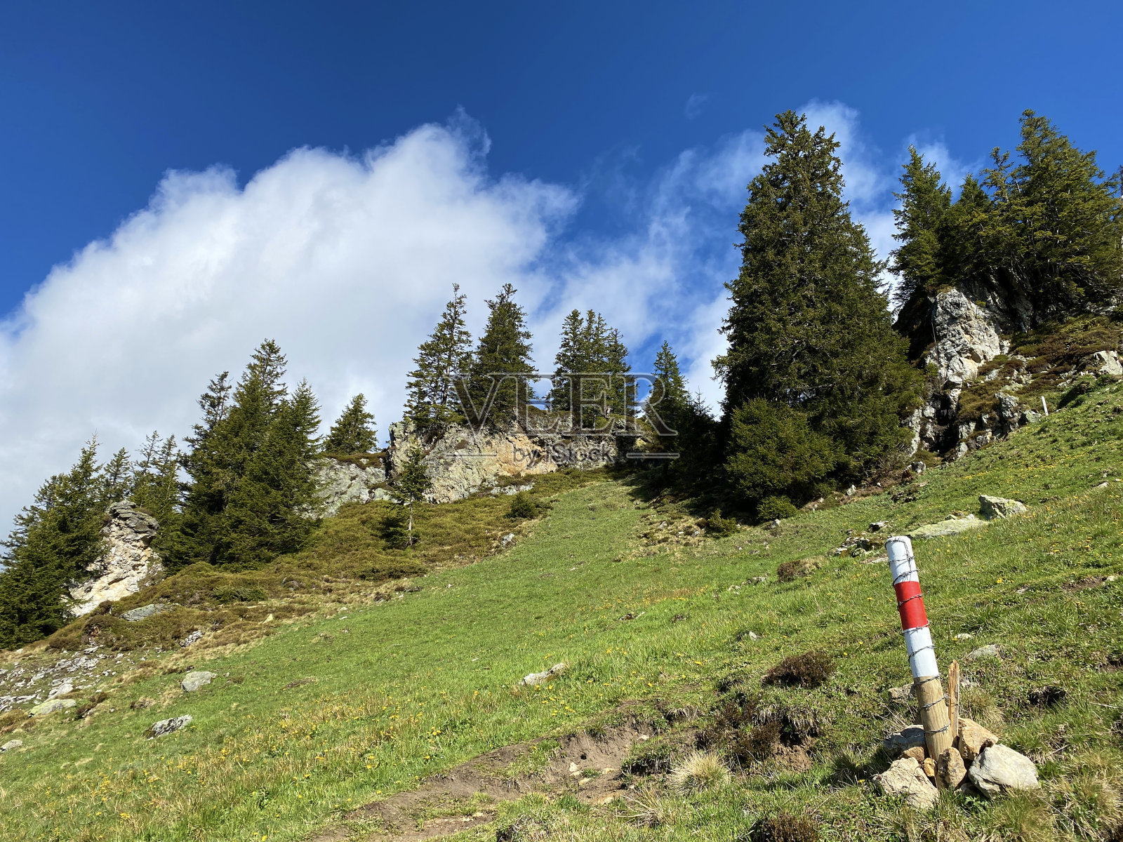 在皮拉图斯山脉的山峰和斜坡上的登山路标和标记，在Emmental阿尔卑斯山，Alpnach - Obwalden州，瑞士(Kanton Obwald, Schweiz)照片摄影图片