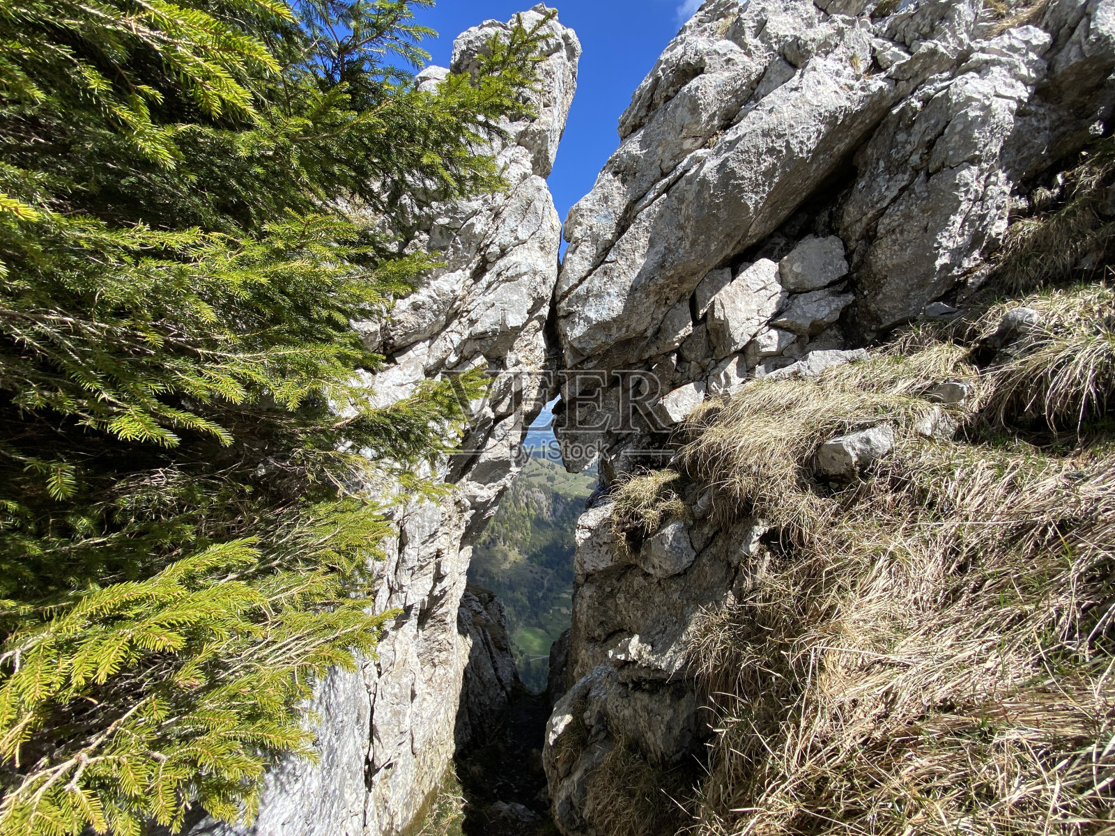 瑞士皮拉图斯山脉Widderfeld峰下的岩石开口，瑞士奥布瓦尔登州的Alpnach(坎顿奥布瓦尔德，瑞士)照片摄影图片