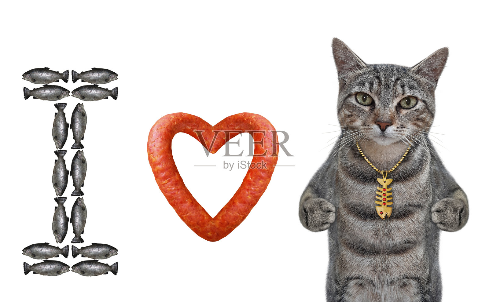 猫灰色和心形香肠照片摄影图片
