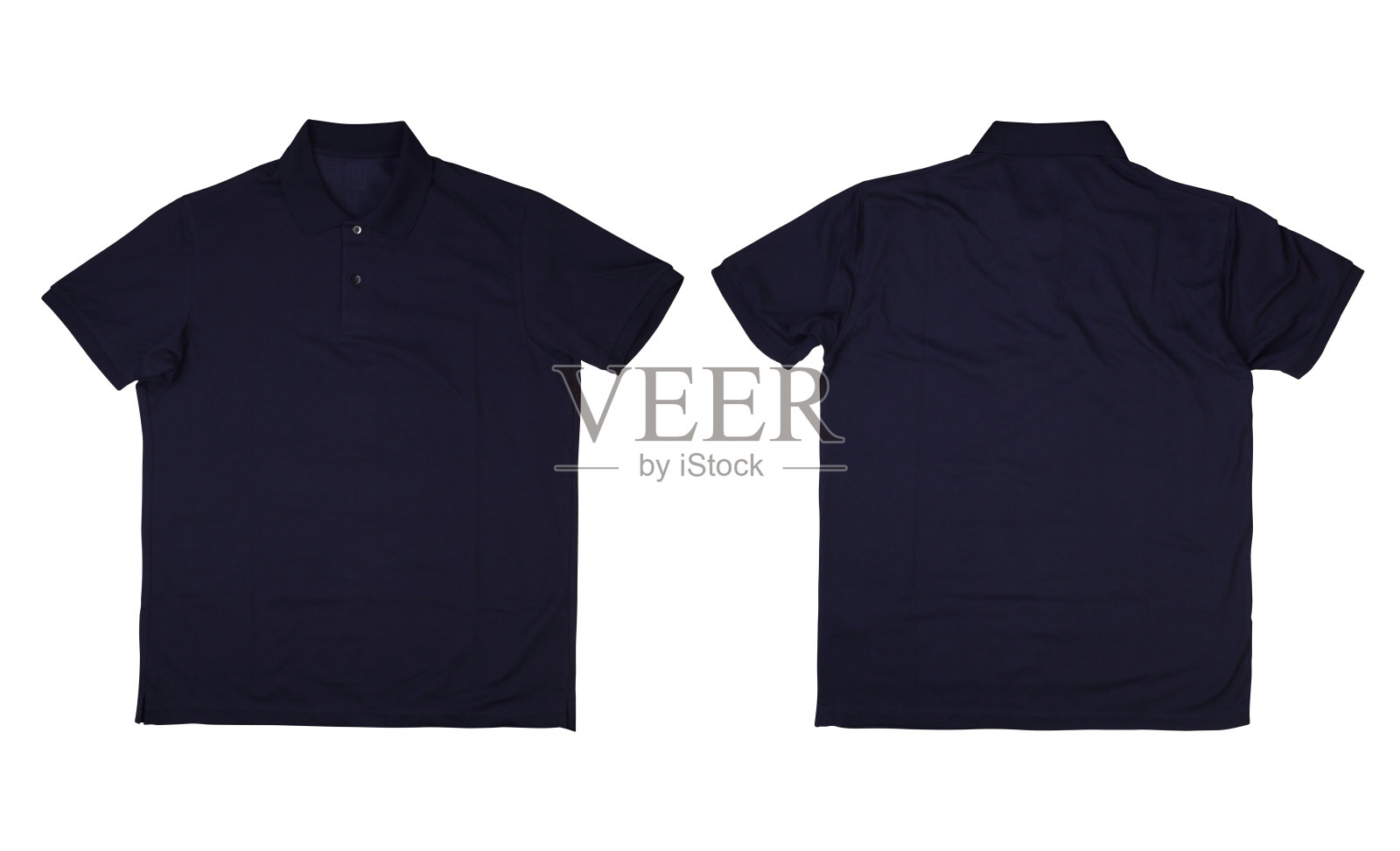 前面和后面的蓝色海军蓝polo衫上的白色背景照片摄影图片