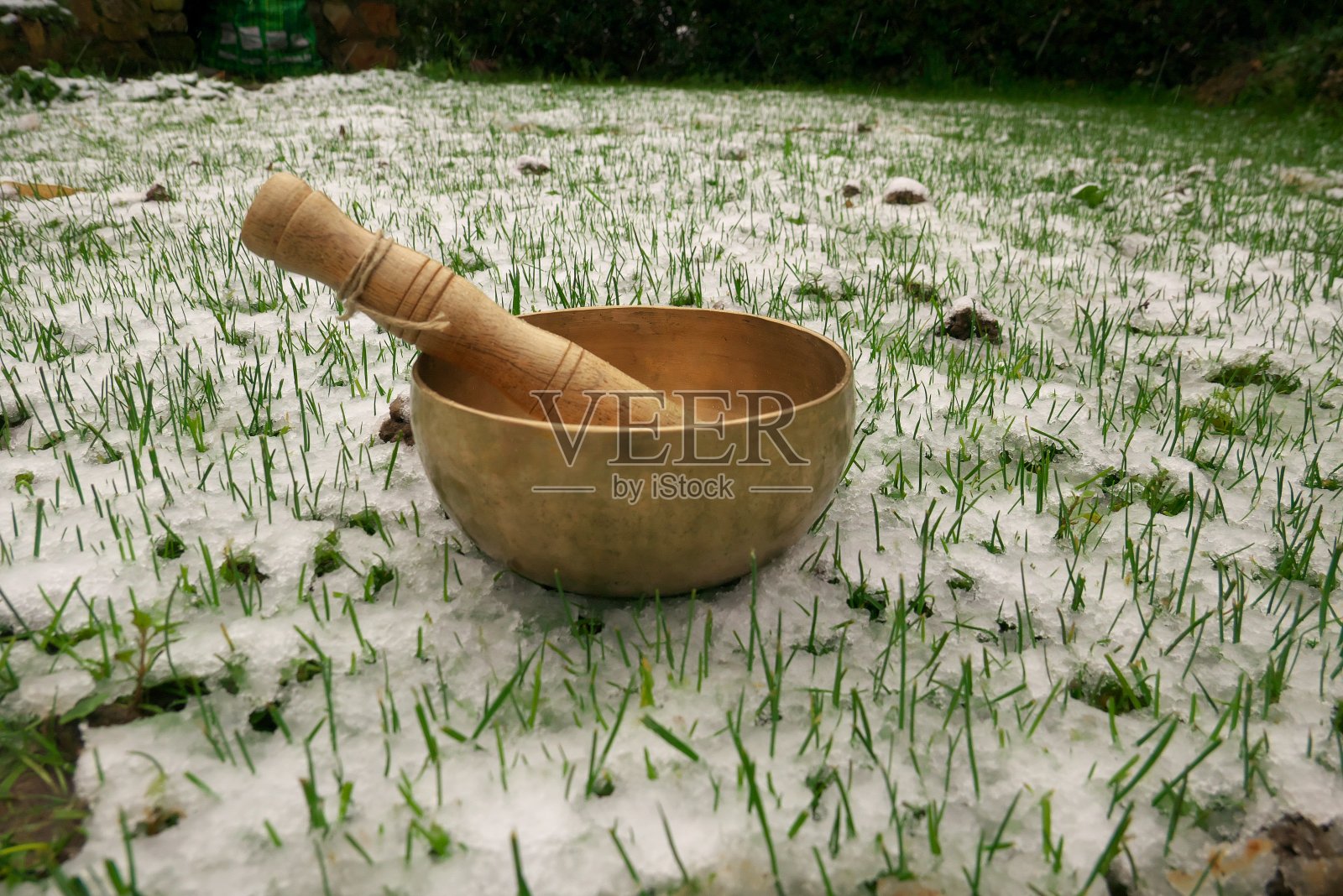 在白雪覆盖的花园里设置的唱歌碗照片摄影图片