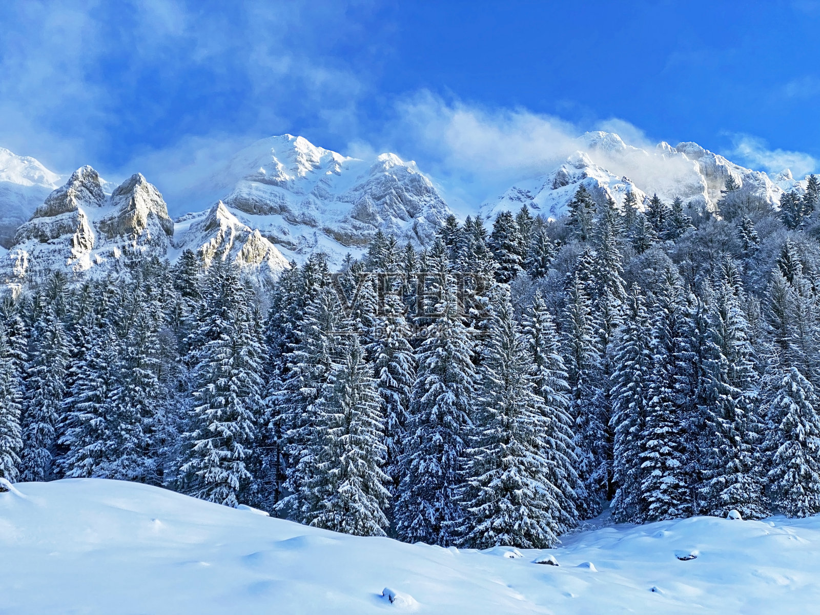 新年前夕，瑞士阿尔卑斯山脉中心的冬季山脉气氛奇妙而完美，Schwägalp山口-瑞士阿彭策尔州(坎顿阿彭策尔，瑞士)照片摄影图片
