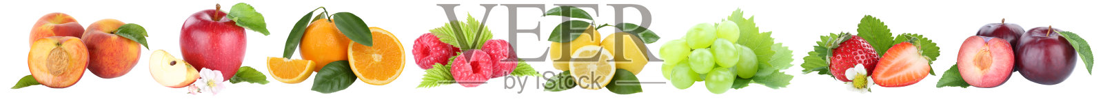 食物收集水果，苹果，橙子，葡萄，苹果，李子，橙子，新鲜的水果，在一排孤立照片摄影图片