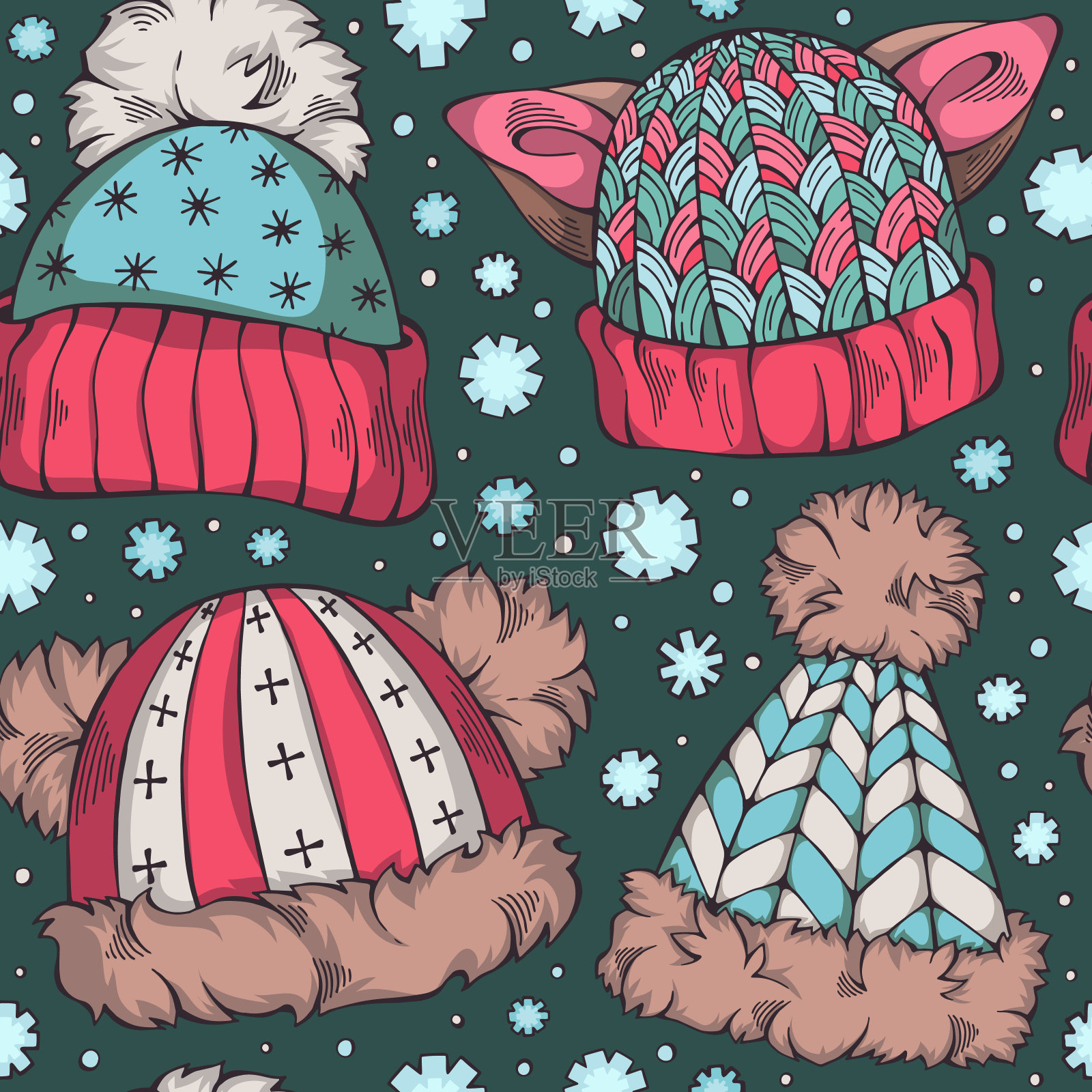 色彩缤纷的图案与冬季帽子插画图片素材