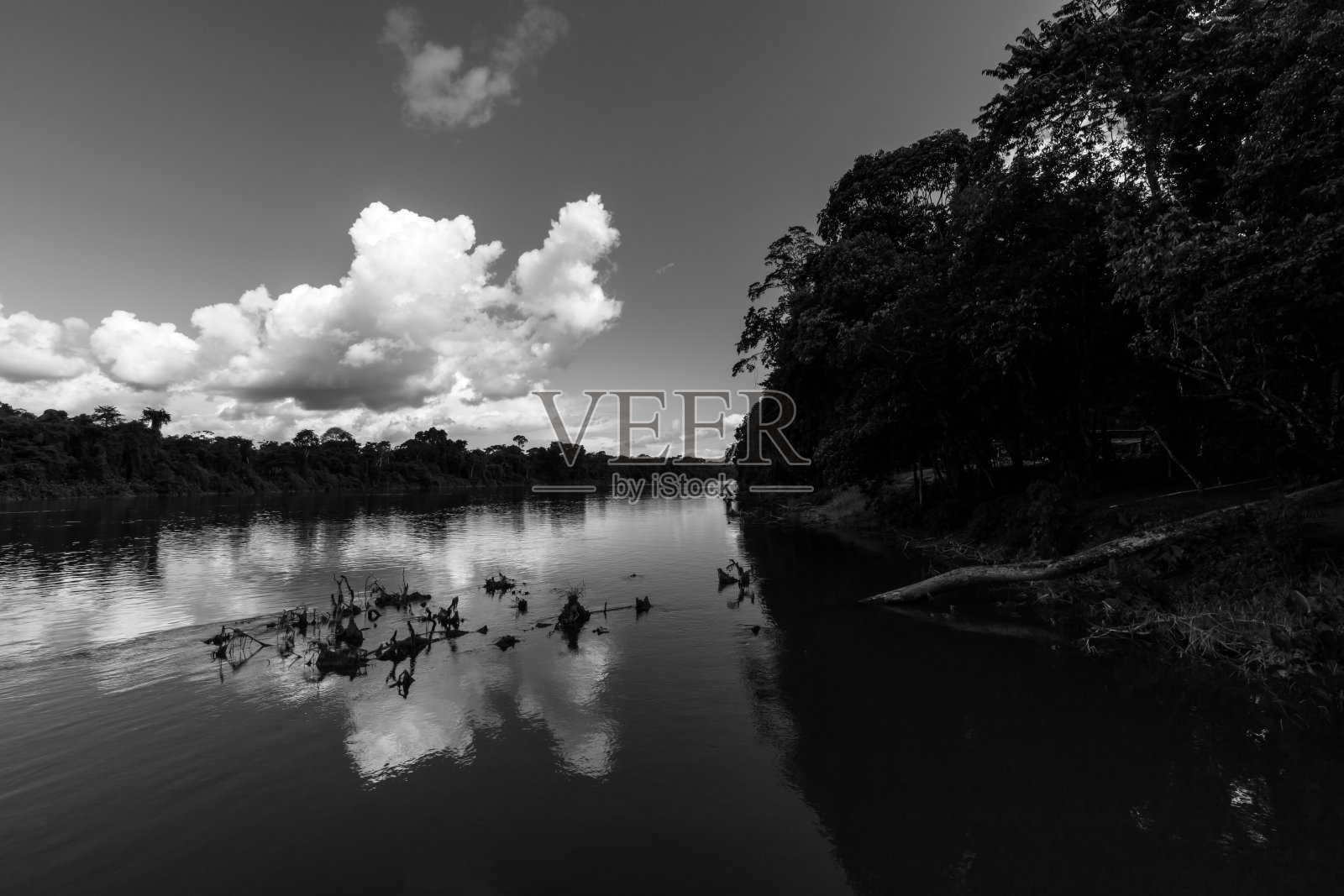 乌云在苏里南河的水面上反射的黑白图像照片摄影图片