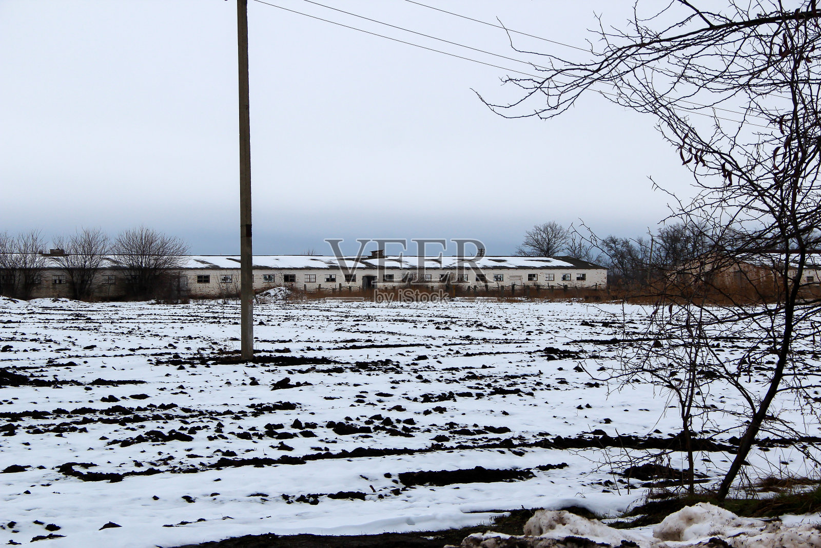 废弃的农场，雪地和电线照片摄影图片