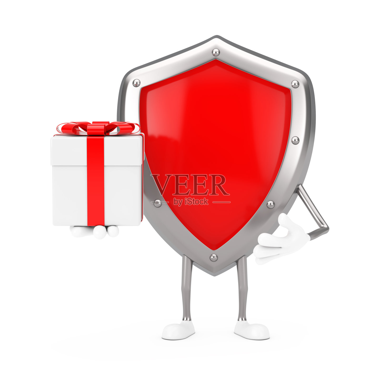 红色金属保护盾人物吉祥物与礼盒和红丝带。3d渲染照片摄影图片