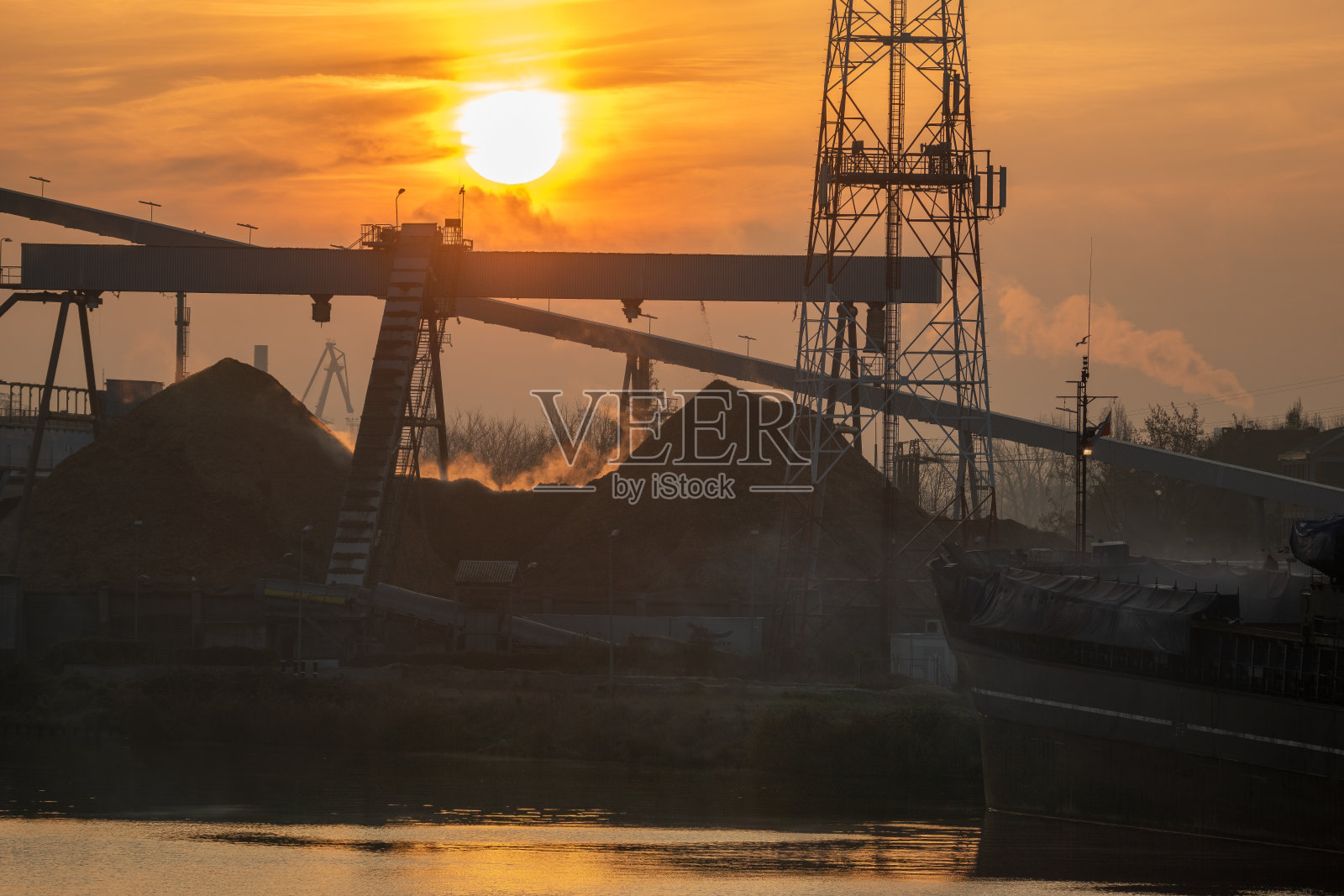 全景的工业景观-冒烟的发电厂，一个船厂的散货船，一个废品回收站照片摄影图片