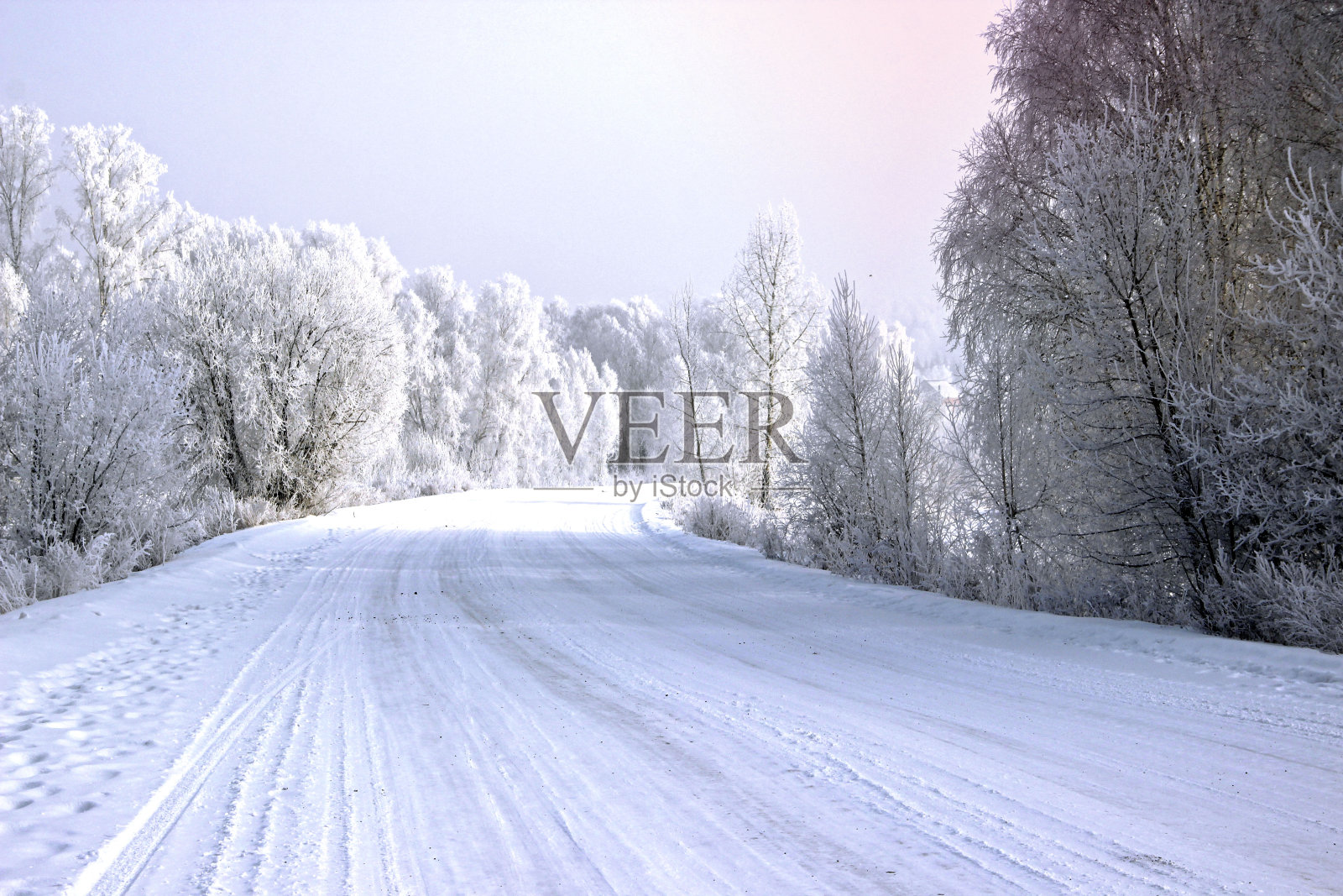 冬天的风景在银色的色调。宽阔的积雪覆盖的道路向右转，道路两边的树木披上了银装。照片摄影图片
